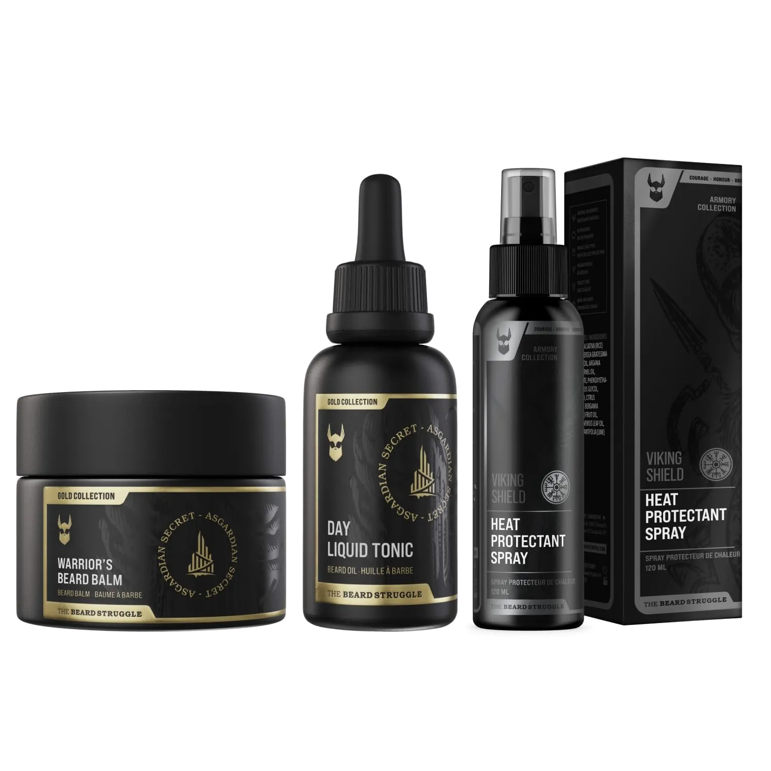 The Beard Struggle Beard & Hair Heat Protectant Spray, Warrior’s Beard Balm & Day Liquid Tonic Beard Oil Bundle Nourishes & Revitalizes Beard Hair - Gold Collection - Asgardian Secret