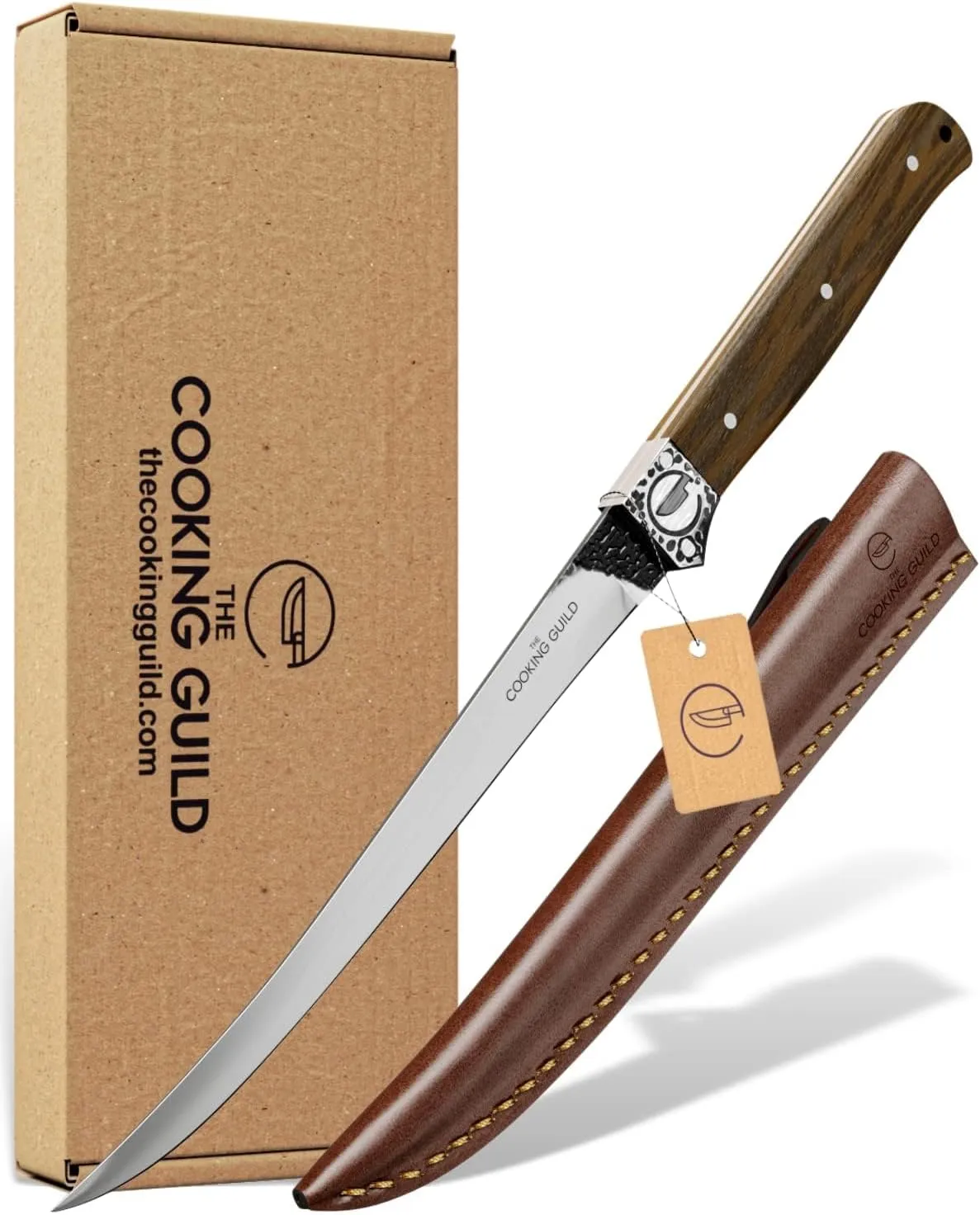 The Cooking Guild Fillet - 7 Inches - Bushcraft Series - High Carbon Stainless Steel - Boning Knife for Meat & Fish - Deboning Knife Filet Set incl. - Leather Sheath
