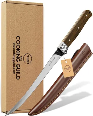 The Cooking Guild Fillet - 7 Inches - Bushcraft Series - High Carbon Stainless Steel - Boning Knife for Meat & Fish - Deboning Knife Filet Set incl. - Leather Sheath