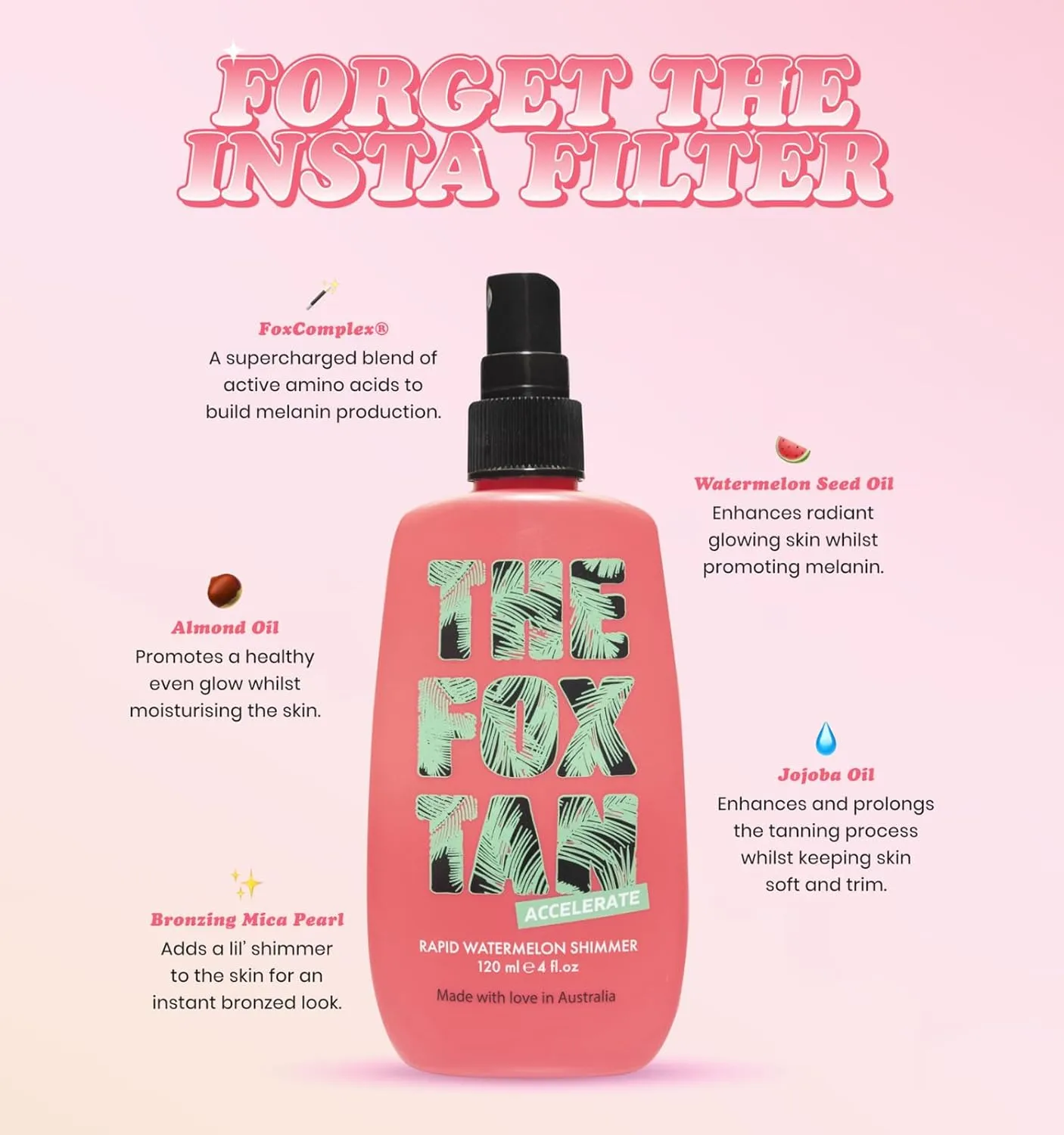 The Fox Tan Rapid Watermelon Shimmer, Natural Tanning Accelerator For Darker & Long-Lasting Tans, Blurs Imperfections, Vegan & Cruelty Free, 120 mL
