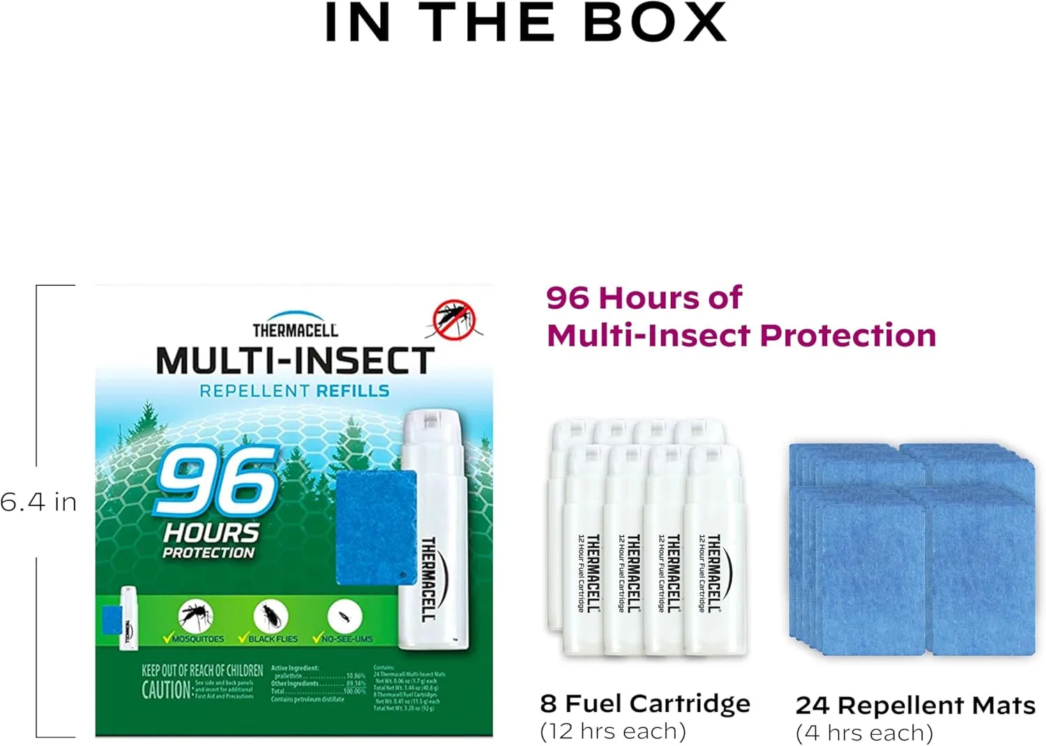 Thermacell Mosquito & Multi-Insect Repellent 96-Hour Refill; Includes 8 Fuel Cartridges, 24 Repellent Mats; Compatible W/Fuel-Powered Thermacell Repellers; Repels Mosquitoes, Noseeums & Black Flies