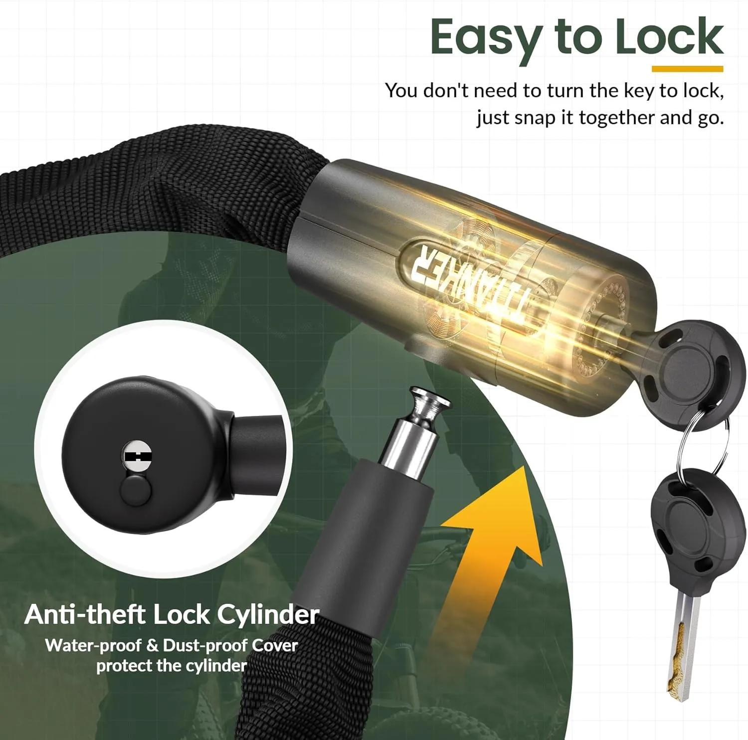 Titanker Bike Chain Lock with Keys, 3.3 Feet Security Heavy Duty Anti-Theft Bicycle Chain Locks for Bike, Motorcycle, Bicycle, Door, Gate, Fence, Grill (6mm, 8mm, 10mm Thick Chain)