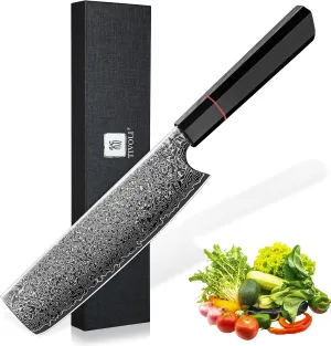 TIVOLI Damascus Nakiri Knife, Hand-ground Sharp Edge Meat Cleaver Kitchen Knives with 67-Layer Hand-Forged VG10 High Carbon Steel for Chopping Vegetable, Octagonal Handle，GIft for Dad,Mom