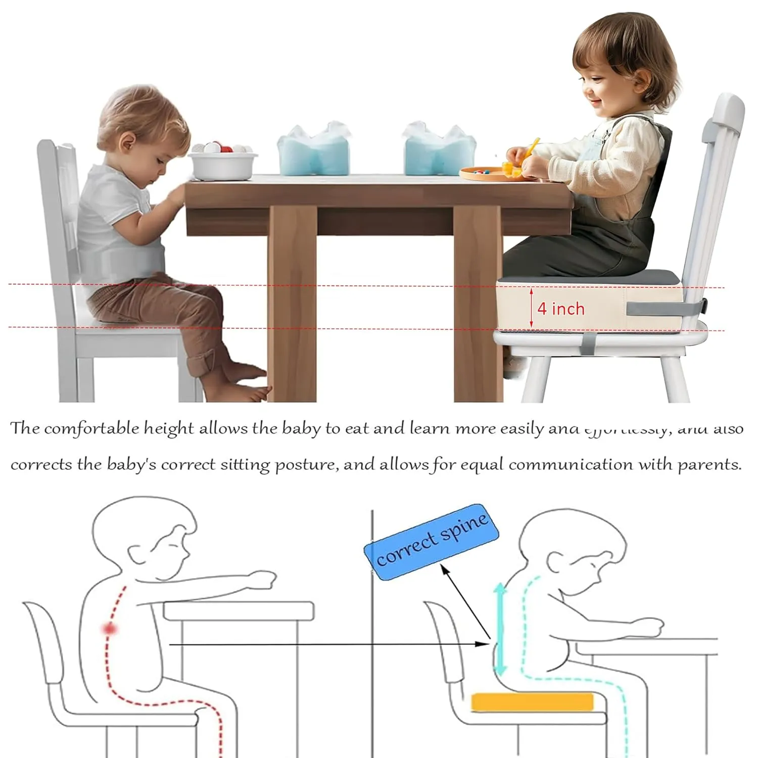 Toddler Dining Table Booster seat, PU Washable Waterproof Double seat Belt Non-Slip Bottom Booster seat for Dining Toddler, Portable Travel Increase Cushion