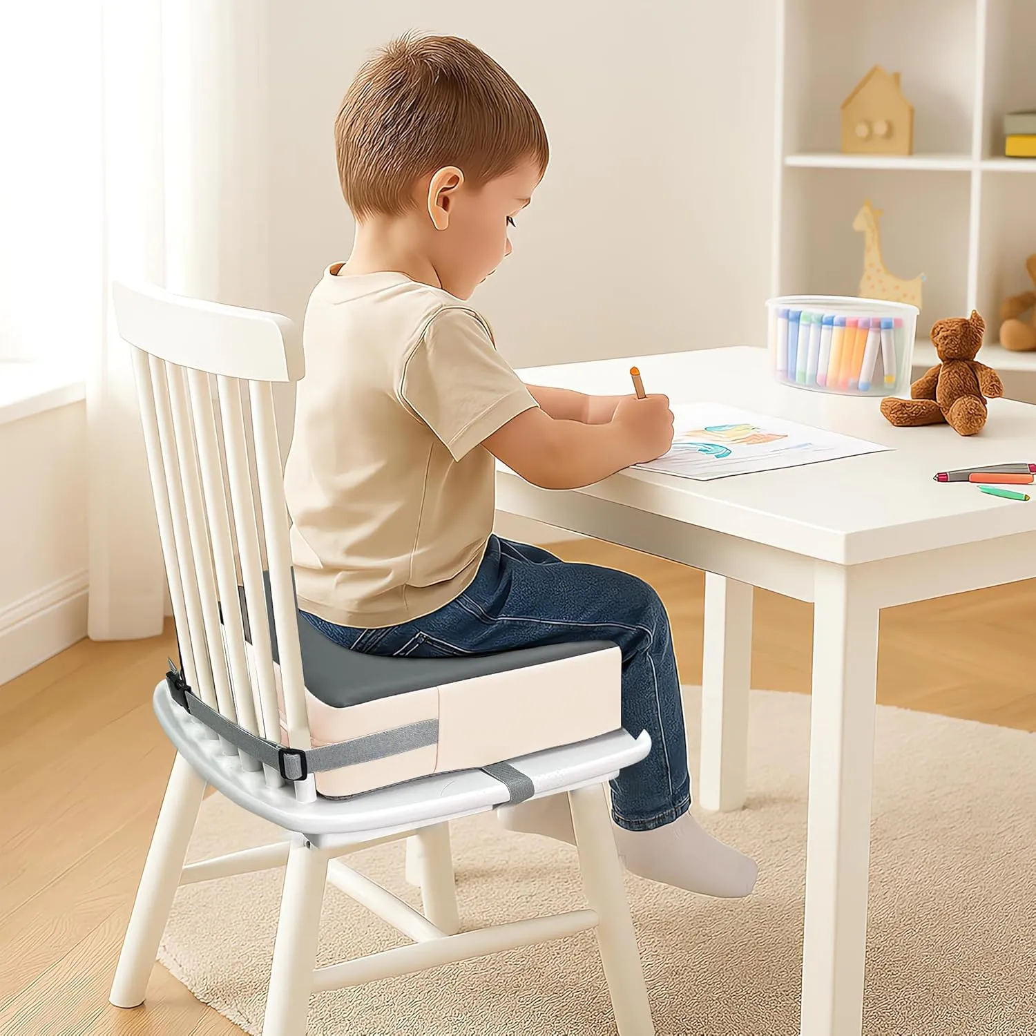 Toddler Dining Table Booster seat, PU Washable Waterproof Double seat Belt Non-Slip Bottom Booster seat for Dining Toddler, Portable Travel Increase Cushion
