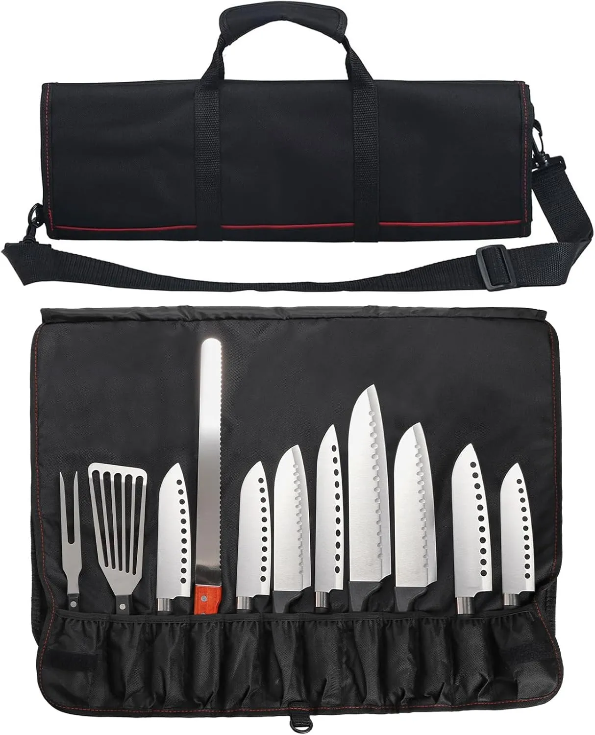 Tosnail Chef Knife Case Roll Bag with 21 Slots & 1 Large Zipper Pocket, Easy Carry Handle and Shoulder Strap - Black