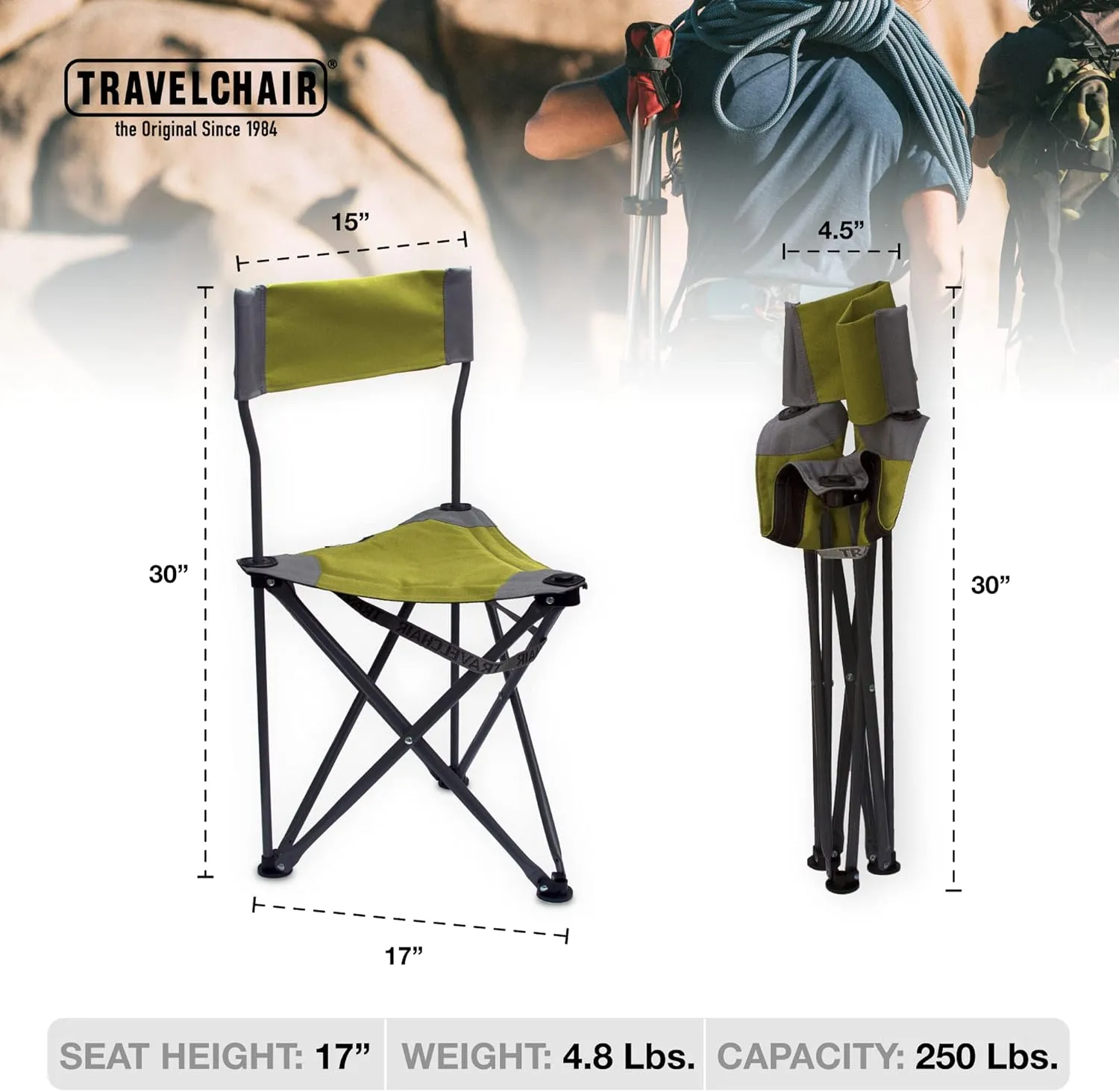 Travel Chair Ultimate Slacker 2.0, Small Folding Tripod Chair with Back for Outdoor Adventures, Portable Stool-Chair