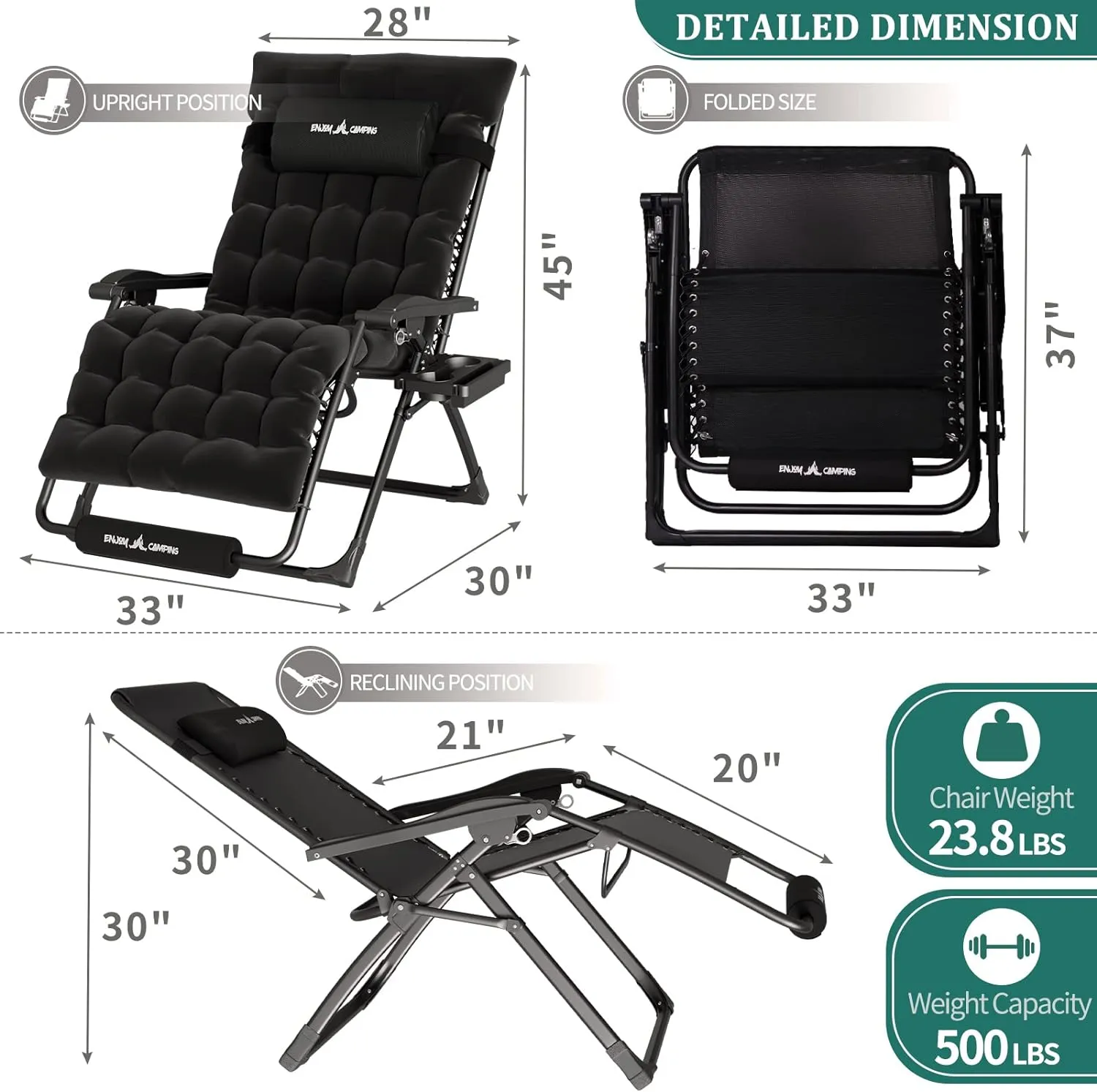 UDPATIO Oversized Zero Gravity Chair 33In XXL Patio Reclining Chair with Cushion, Outdoor Folding Recliner with Pillows|Cup Holder|Foot Rest|Padded Headrest, Black, Support 500LB