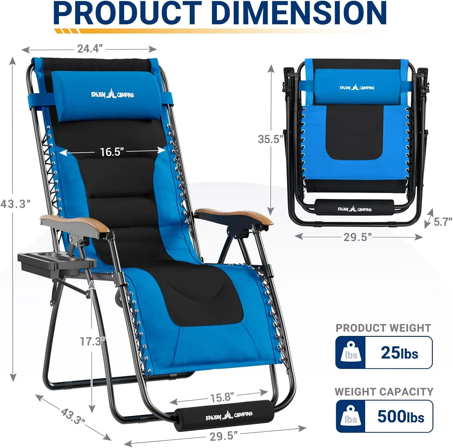 UDPATIO Zero Gravity Chair 30In XL Oversized Outdoor Anti Gravity Chairs Patio Lounge Folding Adjustable Chair with Cup Holder, Foot Pad & Padded Headrest, Support 500lbs (Blue)