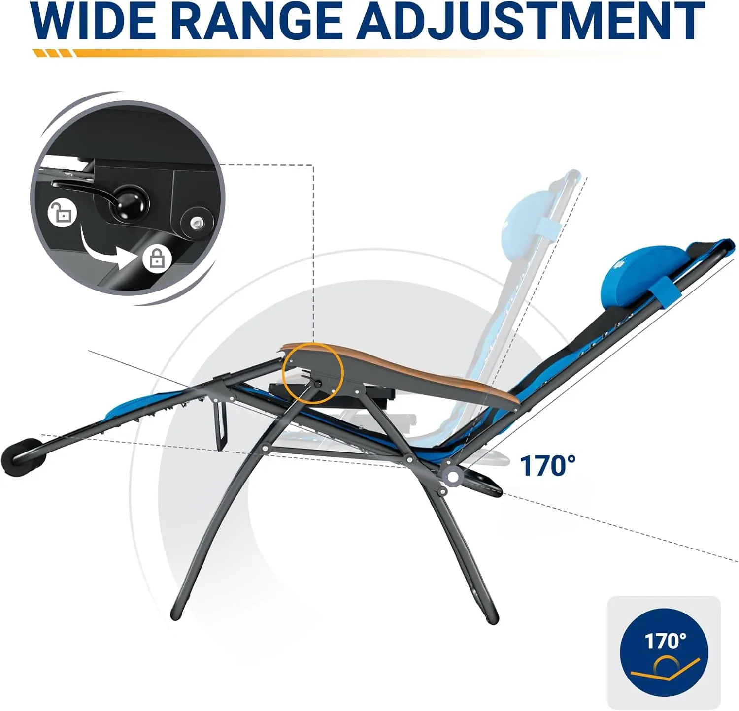 UDPATIO Zero Gravity Chair 30In XL Oversized Outdoor Anti Gravity Chairs Patio Lounge Folding Adjustable Chair with Cup Holder, Foot Pad & Padded Headrest, Support 500lbs (Blue)