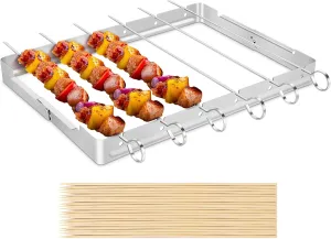 Unicook Stainless Steel BBQ Shish Kabob Set, Foldable Shish Kabob Holder with 6pcs 13"L Skewers, Reusable Grill Rack, Comes with 50pcs 12.5"L Bamboo Skewers for Party and Cookout