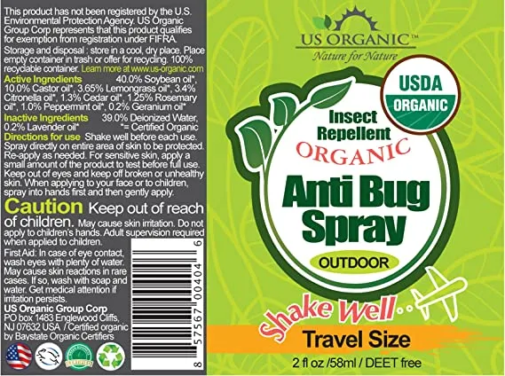 US Organic Mosquito Repellent Anti Bug Outdoor Pump Sprays, Travel Size, Cruelty Free, Proven Results by Lab Testing, Deet-Free 2 fl oz