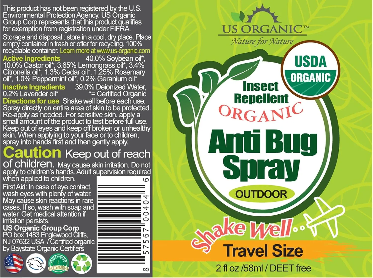 US Organic Mosquito Repellent Anti Bug Outdoor Pump Sprays, USDA Certification, Cruelty Free, Proven Results by Lab Testing, Deet-Free (2 oz - Value 2 Pack)