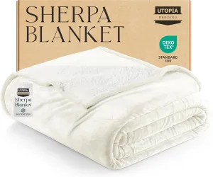 Utopia Bedding Sherpa Blanket Full Size (Ivory, 90x84 Inches) - Soft Lightweight Plush Fleece Reversible Blanket for Bed, Sofa, Couch, Camping and Travel