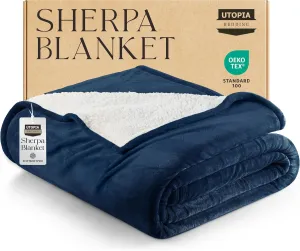 Utopia Bedding Sherpa Blanket Full Size (Navy, 90x84 Inches) - Soft Lightweight Plush Fleece Reversible Blanket for Bed, Sofa, Couch, Camping and Travel
