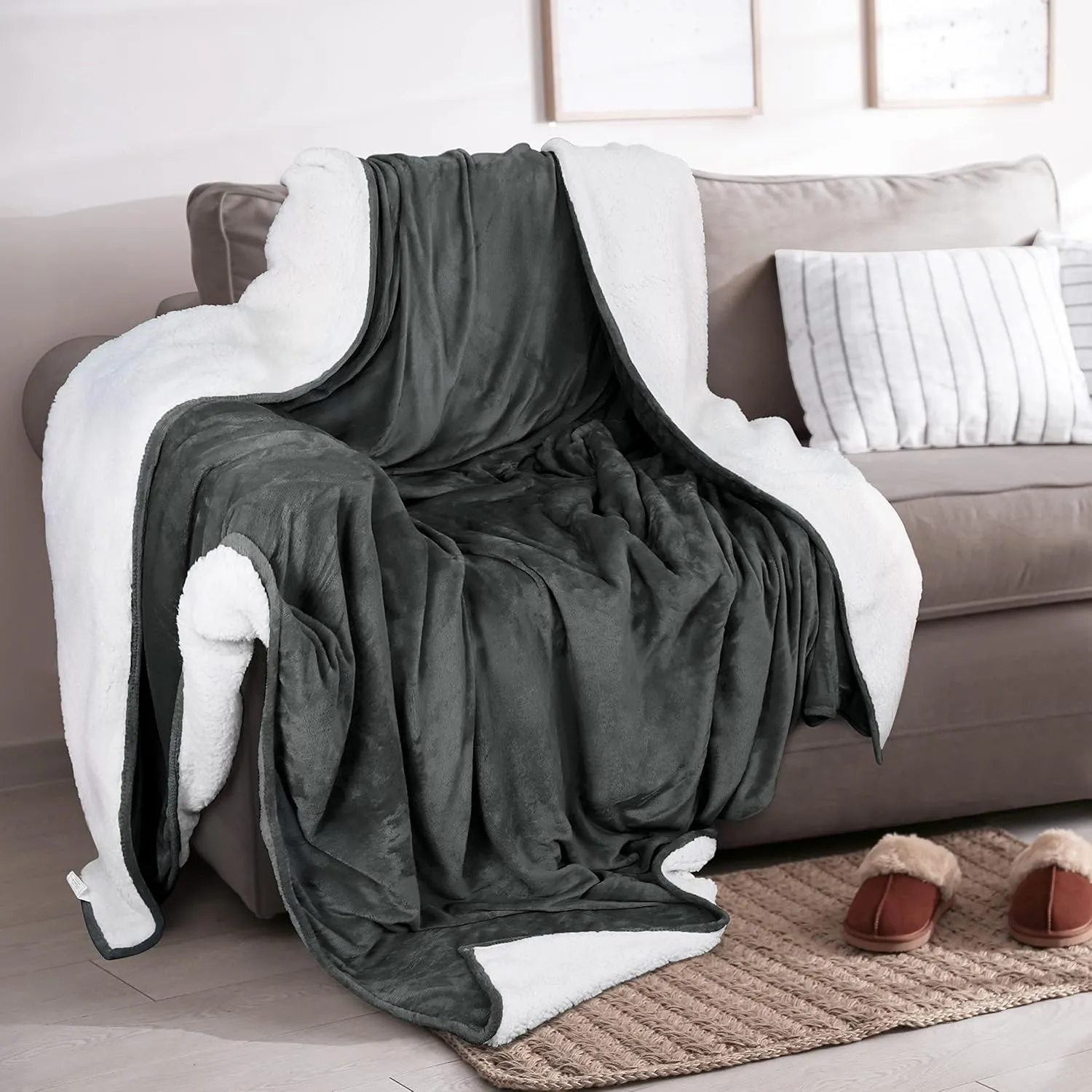Utopia Bedding Sherpa Blanket Queen Size (Grey, 90x90 Inches) - Soft Lightweight Plush Fleece Reversible Blanket for Bed, Sofa, Couch, Camping and Travel