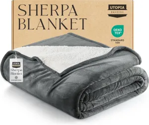Utopia Bedding Sherpa Blanket Queen Size (Grey, 90x90 Inches) - Soft Lightweight Plush Fleece Reversible Blanket for Bed, Sofa, Couch, Camping and Travel