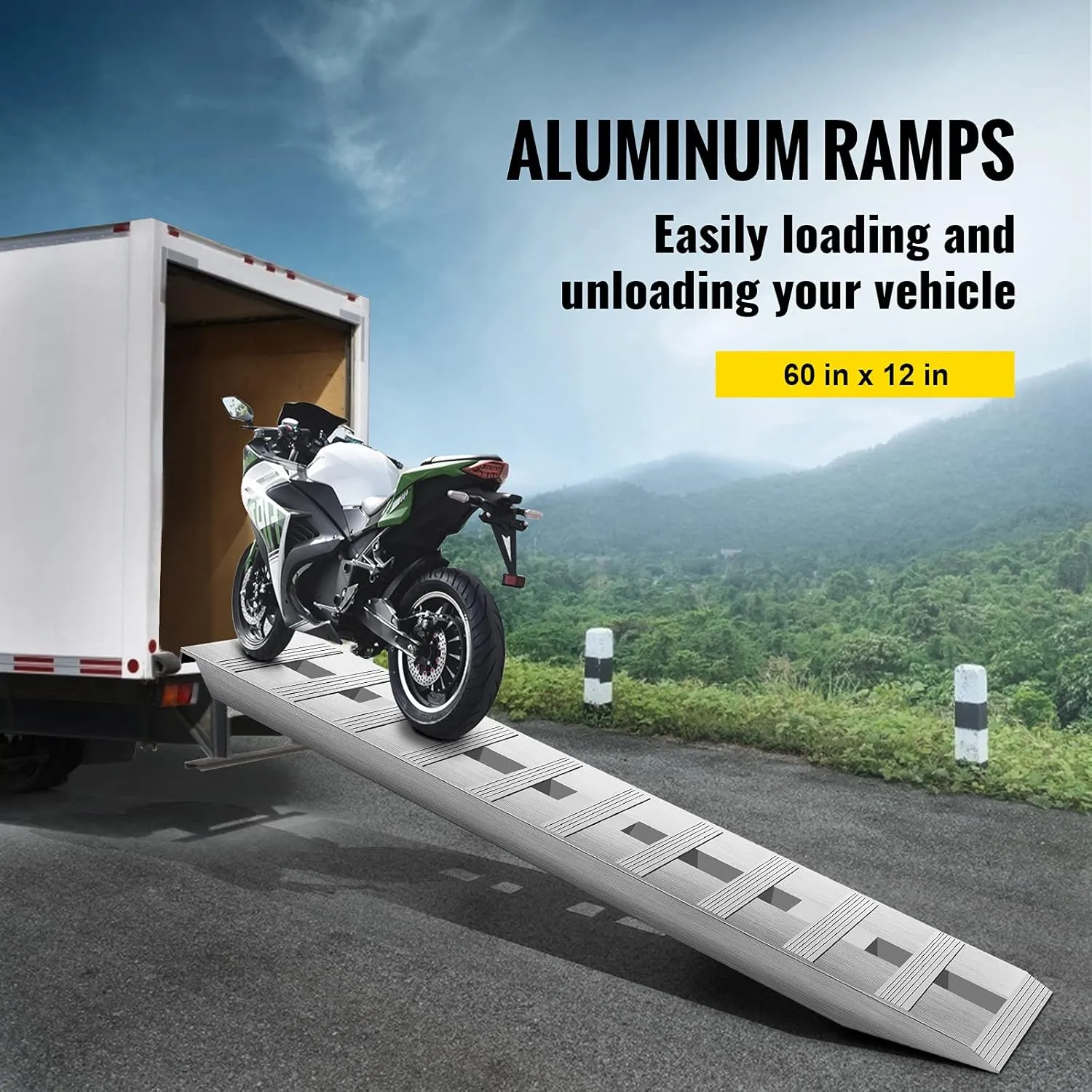 VEVOR Aluminum Ramps, 6000 lbs, Heavy-Duty Ramps with Top Hook Attaching End, Universal Loading Ramp for Motorcycle, Tractor, ATV/UTV, Trucks, Lawn Mower, 60" L x 12" W, 2Pcs