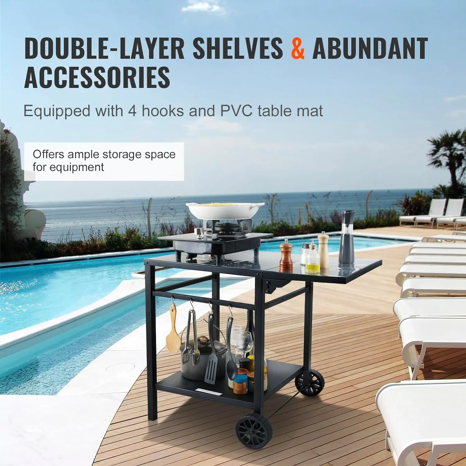 VEVOR Outdoor Grill Dining Cart with Double-Shelf, BBQ Movable Food Prep Table, Multifunctional Foldable Iron Table Top, Portable Modular Carts for Pizza Oven, Worktable with 2 Wheels, Carry Handle