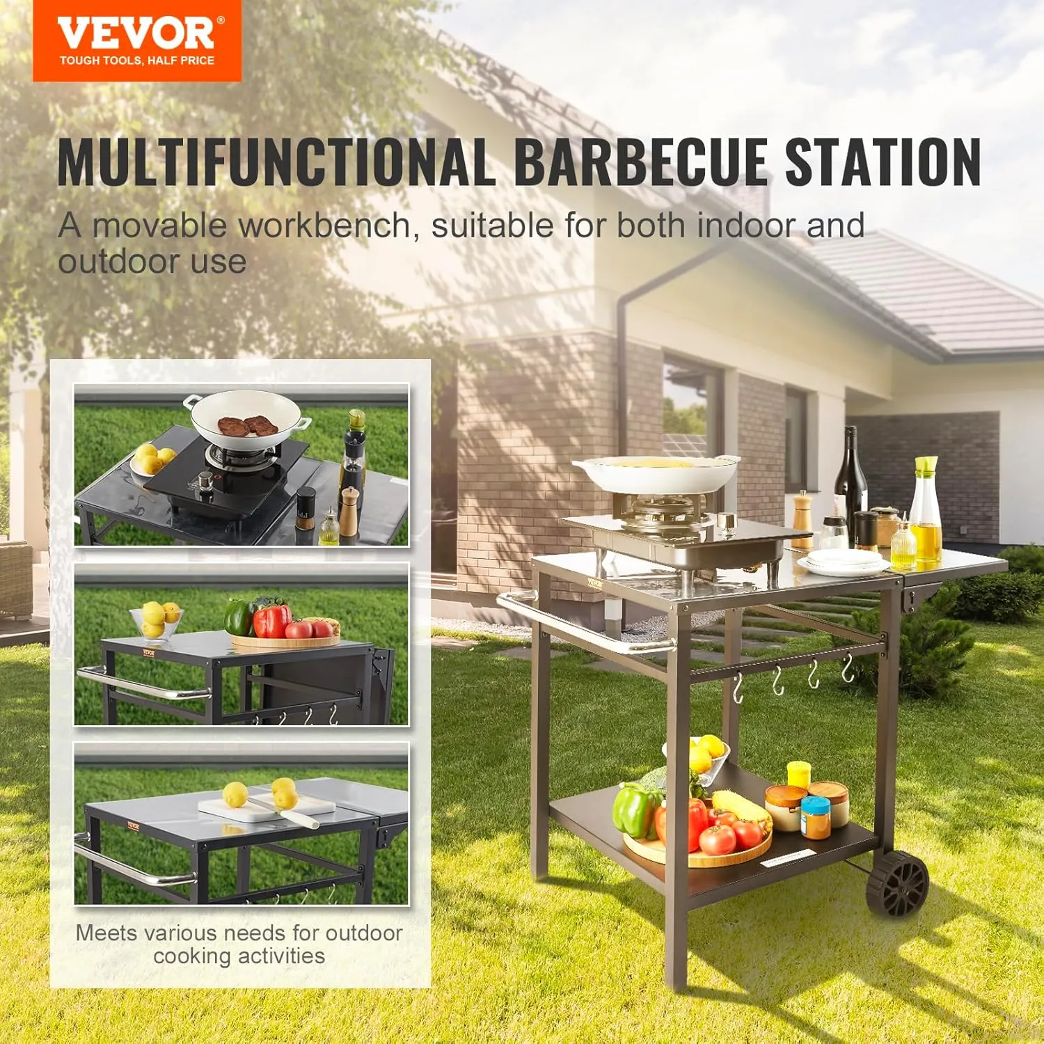 VEVOR Outdoor Grill Dining Cart with Double-Shelf, BBQ Movable Food Prep Table, Multifunctional Foldable Iron Table Top, Portable Modular Carts for Pizza Oven, Worktable with 2 Wheels, Carry Handle