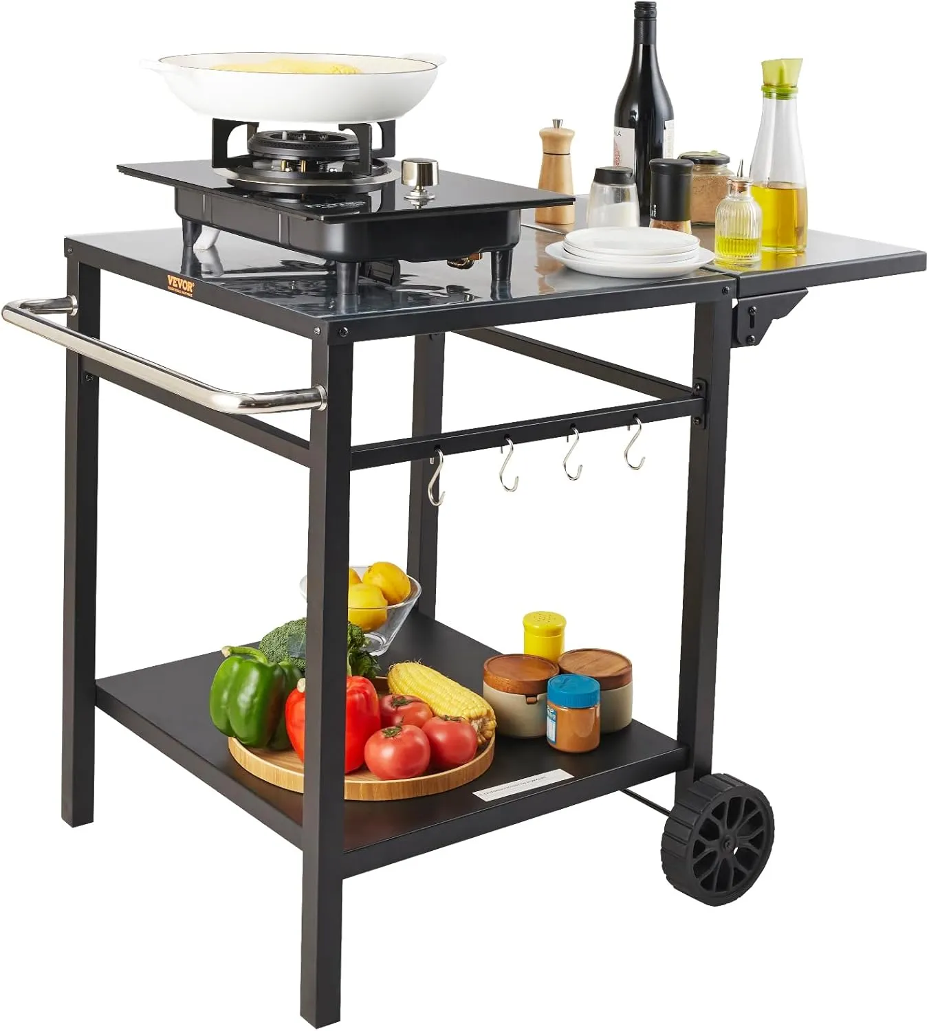 VEVOR Outdoor Grill Dining Cart with Double-Shelf, BBQ Movable Food Prep Table, Multifunctional Foldable Iron Table Top, Portable Modular Carts for Pizza Oven, Worktable with 2 Wheels, Carry Handle
