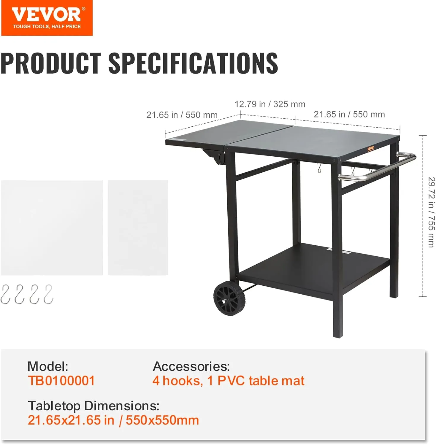 VEVOR Outdoor Grill Dining Cart with Double-Shelf, BBQ Movable Food Prep Table, Multifunctional Foldable Iron Table Top, Portable Modular Carts for Pizza Oven, Worktable with 2 Wheels, Carry Handle