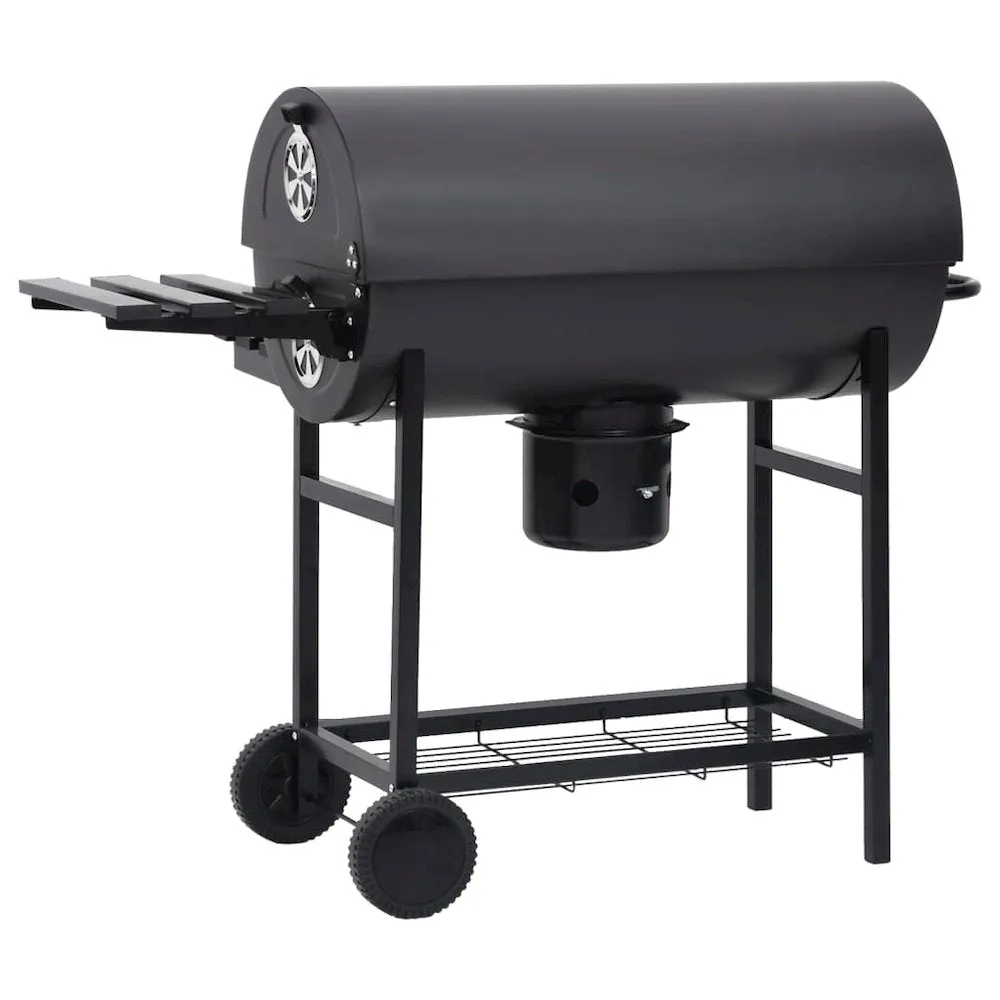 vidaXL Barrel Grill with Wheels and Shelves Black Steel 45.3''x33.5''x37.4''