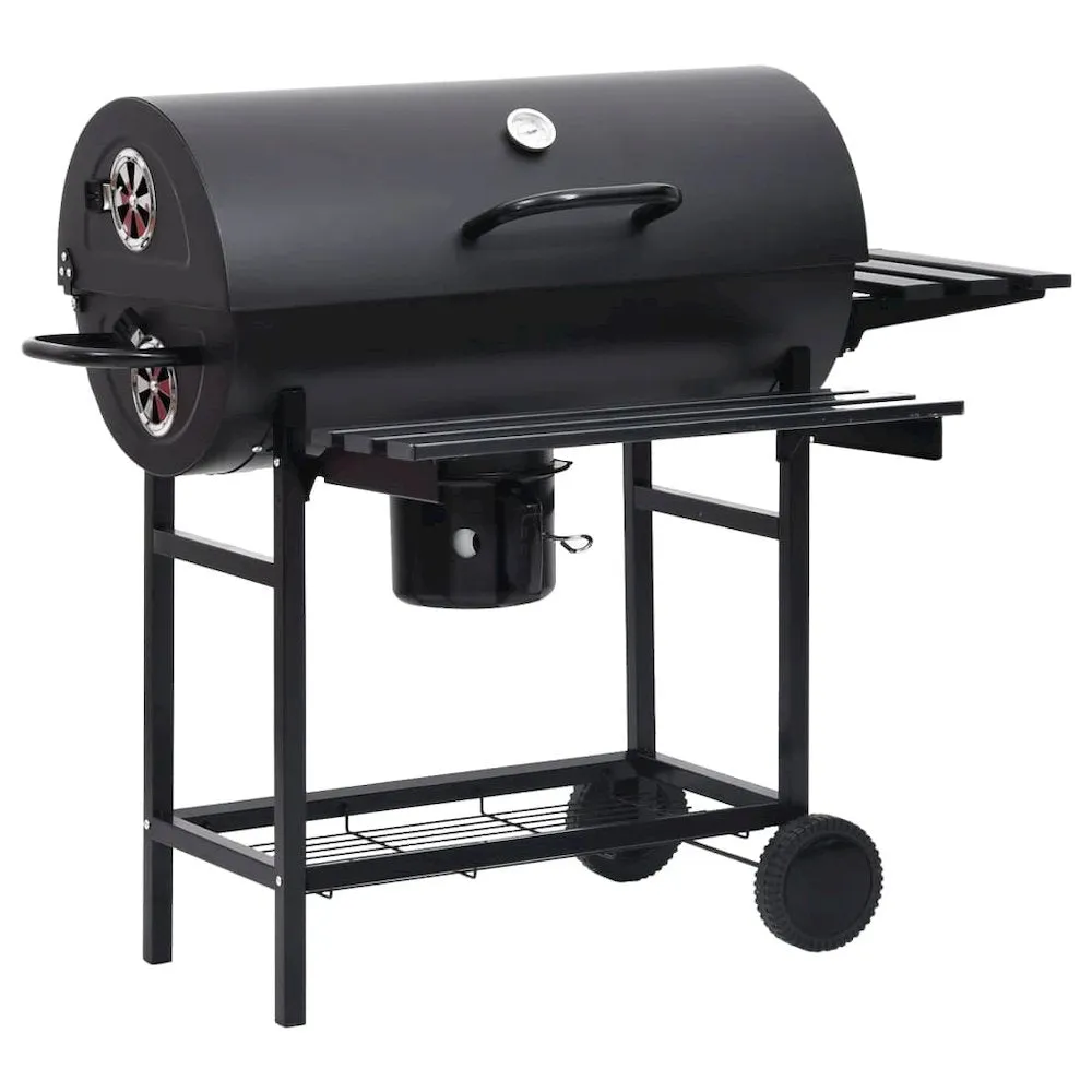 vidaXL Barrel Grill with Wheels and Shelves Black Steel 45.3''x33.5''x37.4''