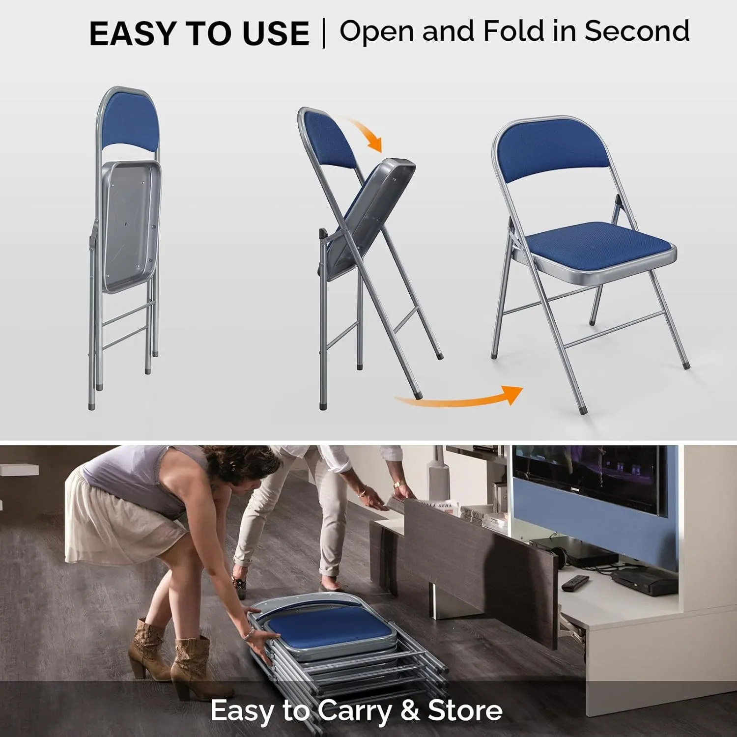 VINGLI 10 Pack Folding Chairs with Padded Seats, Metal Frame with Fabric Seat & Back, Capacity 350 lbs, Blue, Set of 10