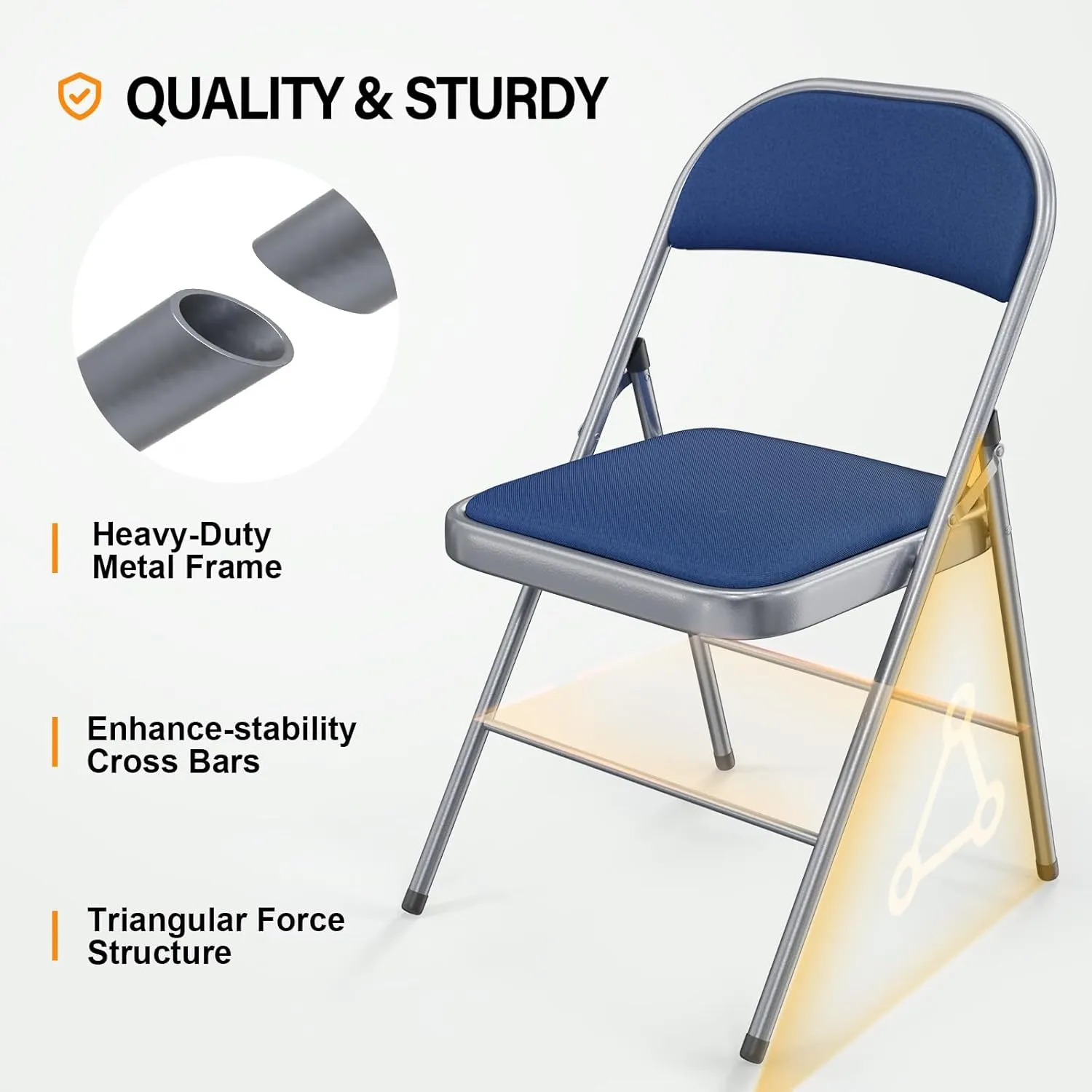 VINGLI 10 Pack Folding Chairs with Padded Seats, Metal Frame with Fabric Seat & Back, Capacity 350 lbs, Blue, Set of 10