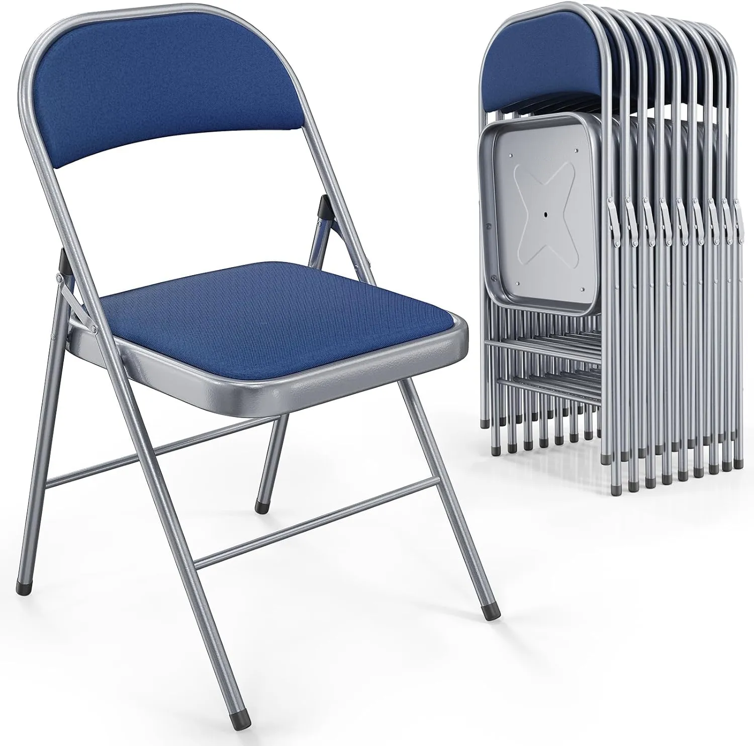 VINGLI 10 Pack Folding Chairs with Padded Seats, Metal Frame with Fabric Seat & Back, Capacity 350 lbs, Blue, Set of 10