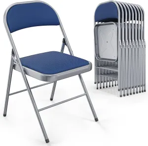 VINGLI 10 Pack Folding Chairs with Padded Seats, Metal Frame with Fabric Seat & Back, Capacity 350 lbs, Blue, Set of 10