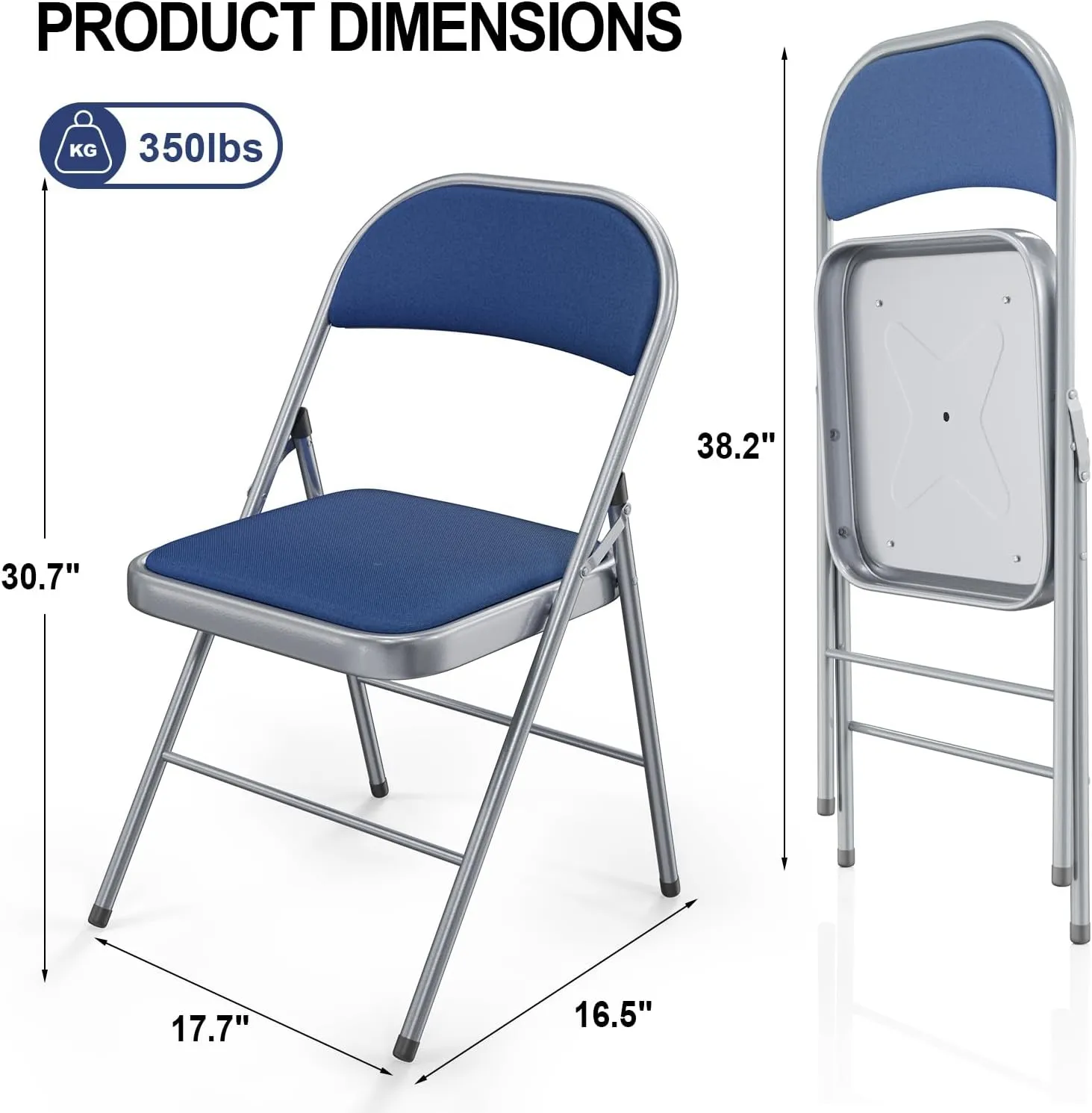 VINGLI 10 Pack Folding Chairs with Padded Seats, Metal Frame with Fabric Seat & Back, Capacity 350 lbs, Blue, Set of 10