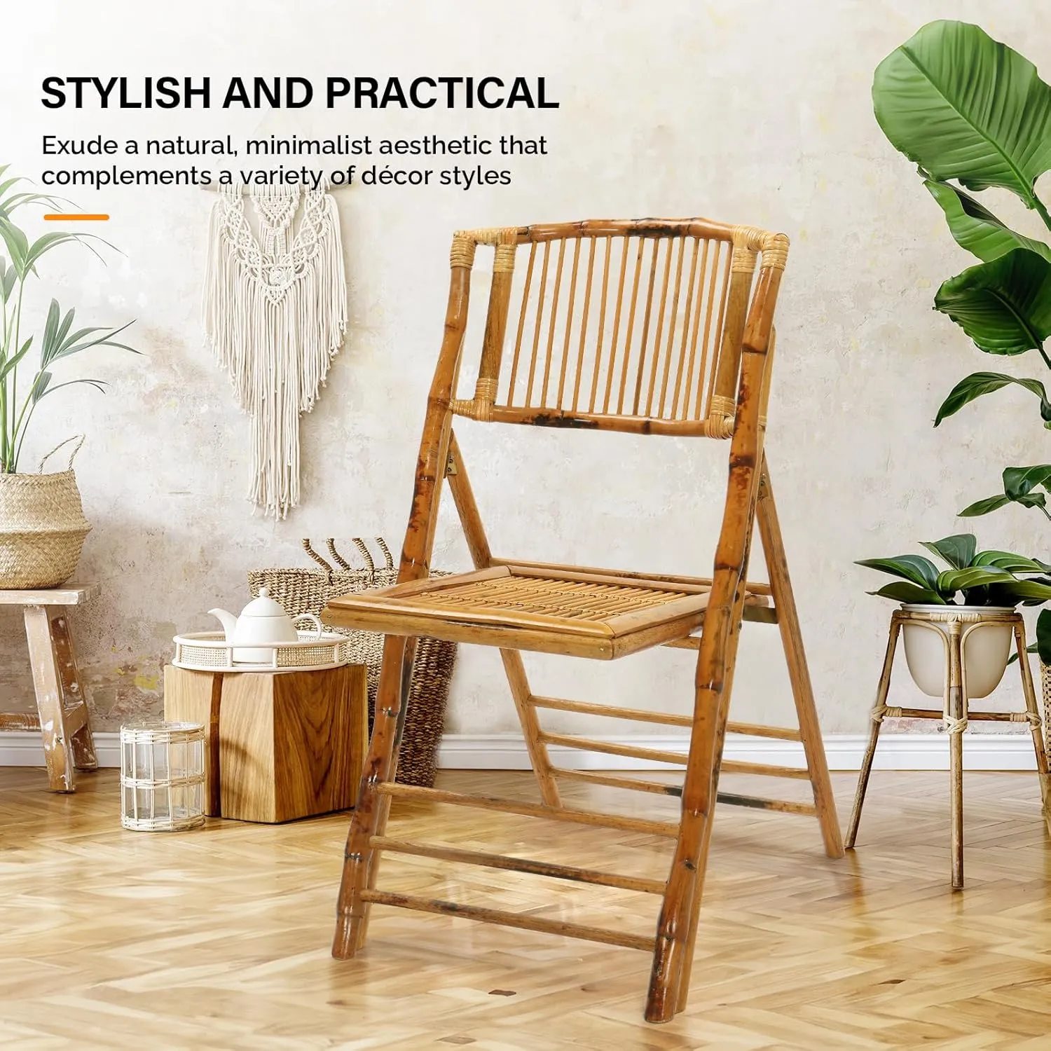 VINGLI Bamboo Folding Chair, Foldable Dining Wood Chairs Comfortable Seat for Outdoor & Indoor, Patio, Porch, Wedding, Party, Event, 4 Pack