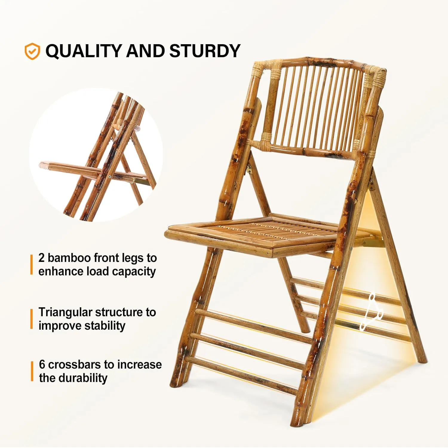VINGLI Bamboo Folding Chair, Foldable Dining Wood Chairs Comfortable Seat for Outdoor & Indoor, Patio, Porch, Wedding, Party, Event, 4 Pack
