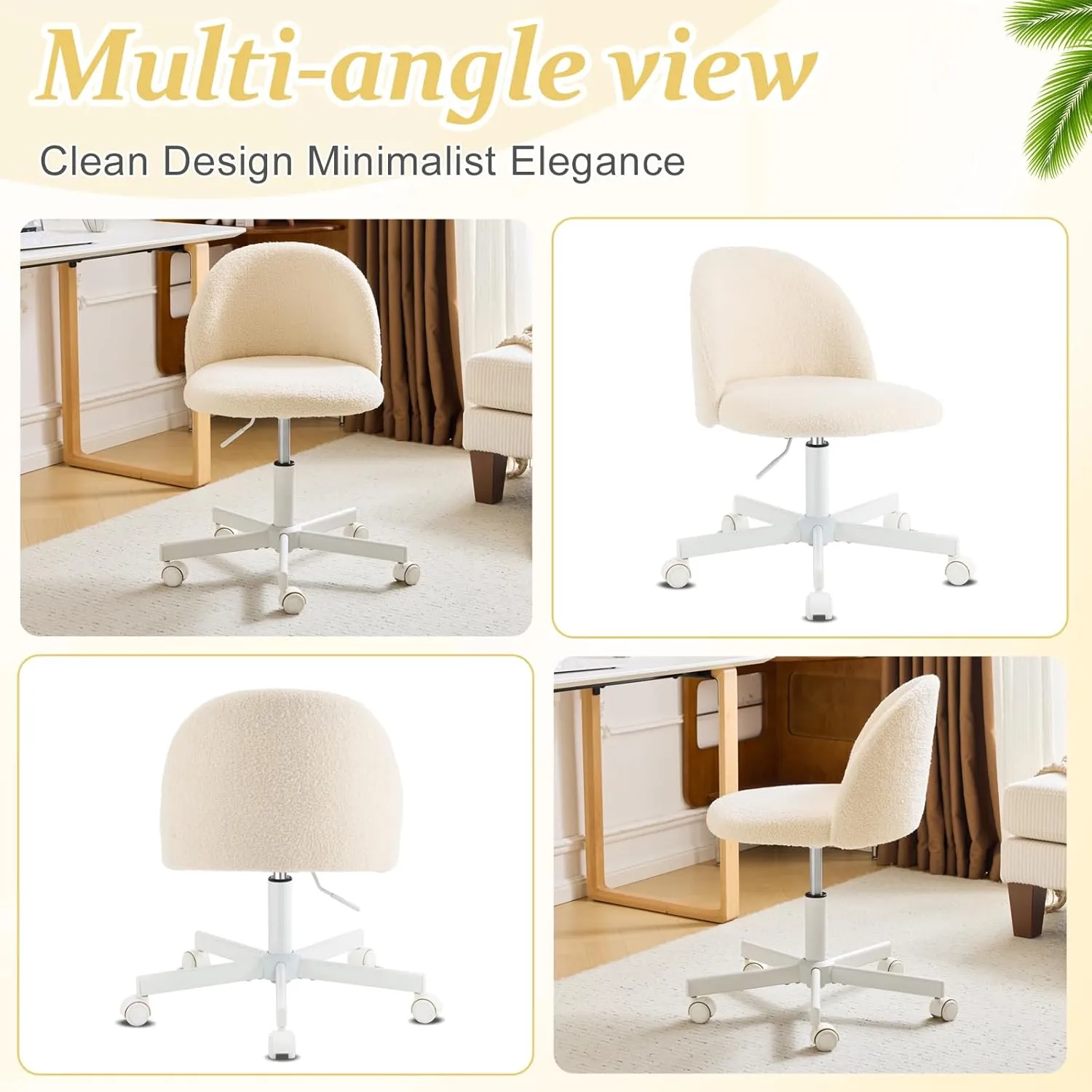 VINGLI Candy Chair Armless Cute Desk Chair,Comfy Small Office Chair with Wheels,Vanity Chair Lumbar Support,Teddy Adjustable Rolling Swivel Computer Task Chair for Home Office,Bedroom,Creamy Beige