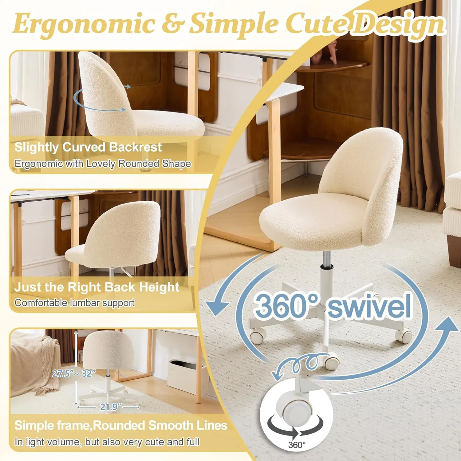 VINGLI Candy Chair Armless Cute Desk Chair,Comfy Small Office Chair with Wheels,Vanity Chair Lumbar Support,Teddy Adjustable Rolling Swivel Computer Task Chair for Home Office,Bedroom,Creamy Beige