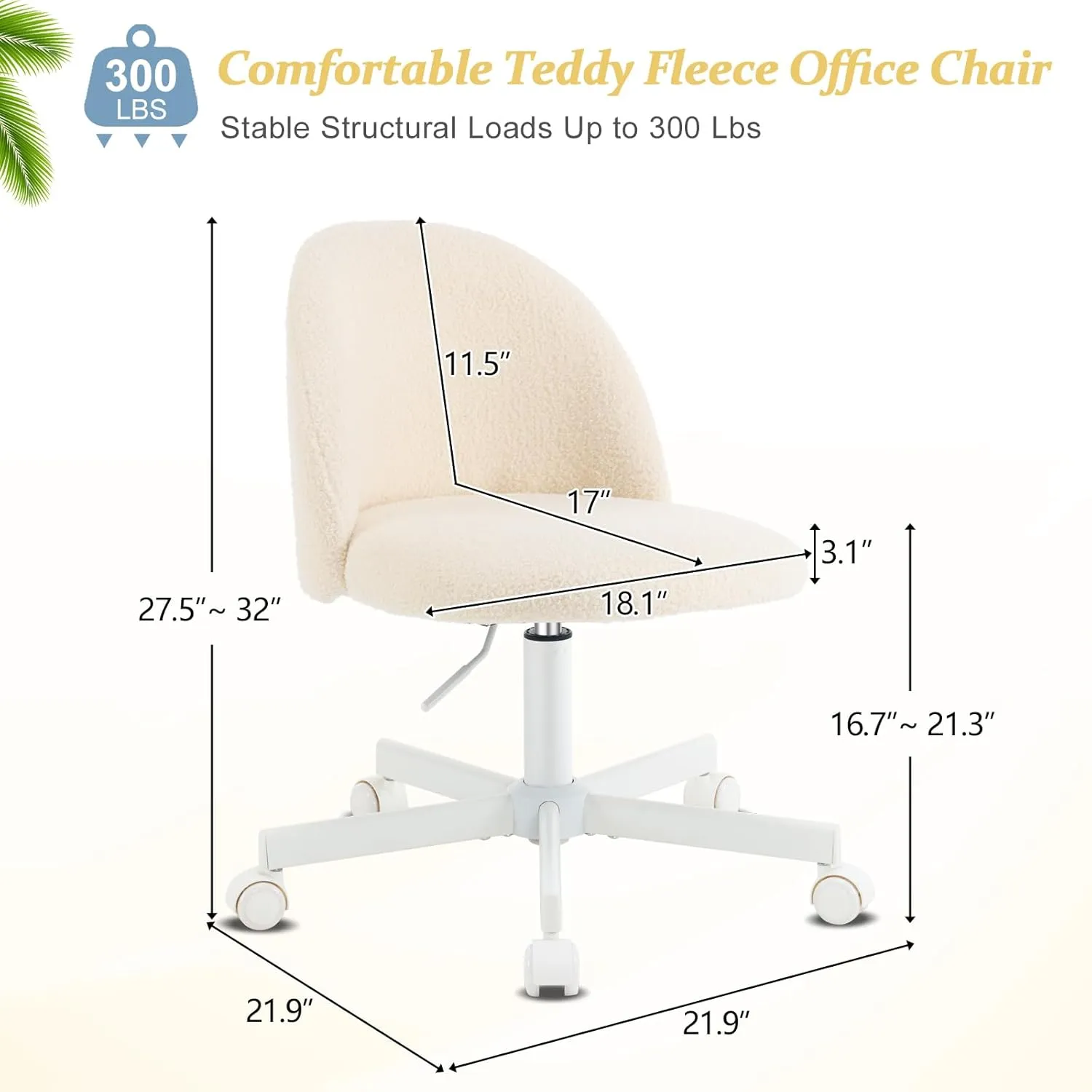 VINGLI Candy Chair Armless Cute Desk Chair,Comfy Small Office Chair with Wheels,Vanity Chair Lumbar Support,Teddy Adjustable Rolling Swivel Computer Task Chair for Home Office,Bedroom,Creamy Beige