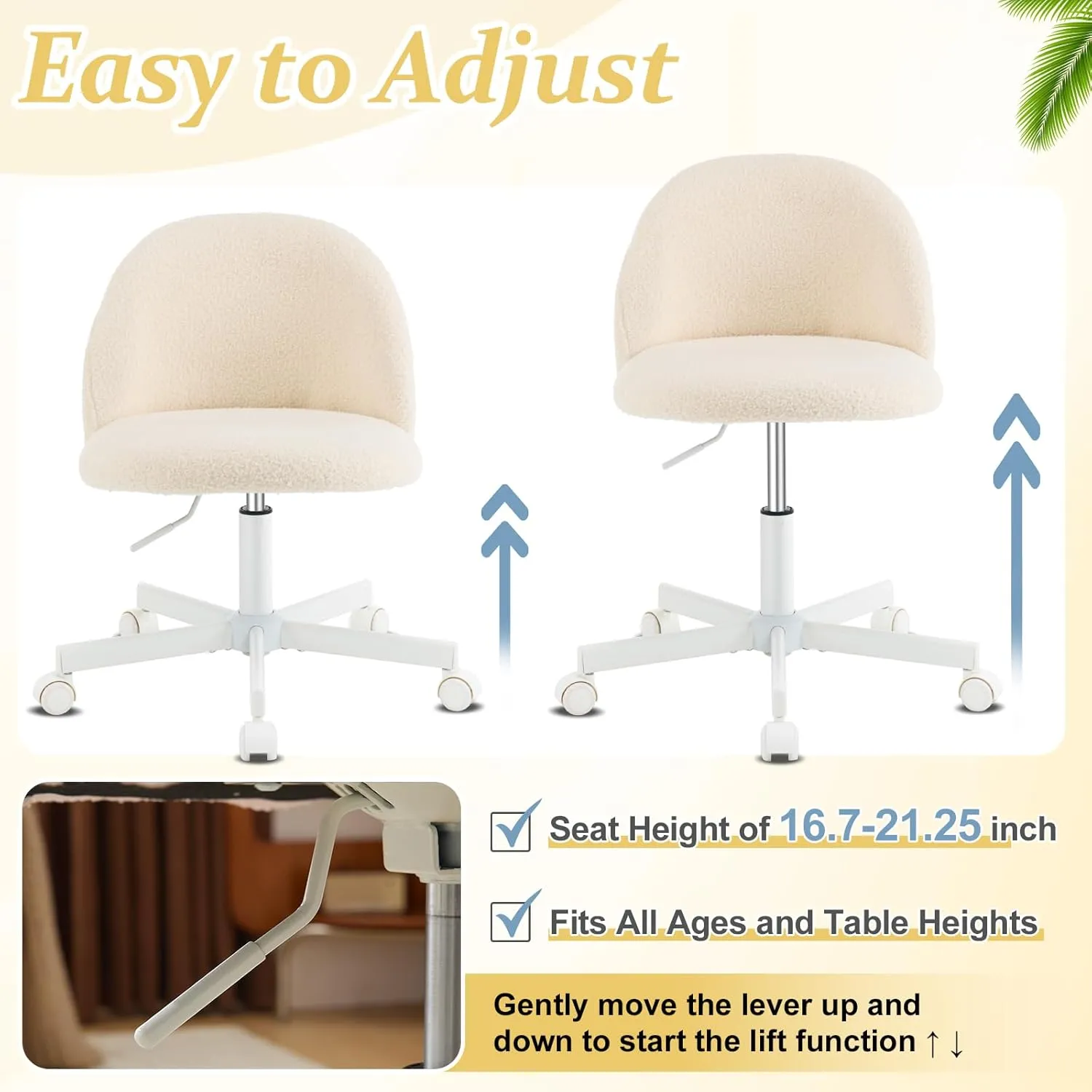 VINGLI Candy Chair Armless Cute Desk Chair,Comfy Small Office Chair with Wheels,Vanity Chair Lumbar Support,Teddy Adjustable Rolling Swivel Computer Task Chair for Home Office,Bedroom,Creamy Beige