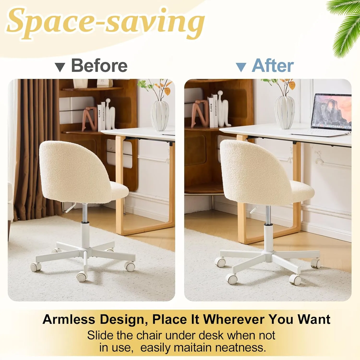 VINGLI Candy Chair Armless Cute Desk Chair,Comfy Small Office Chair with Wheels,Vanity Chair Lumbar Support,Teddy Adjustable Rolling Swivel Computer Task Chair for Home Office,Bedroom,Creamy Beige