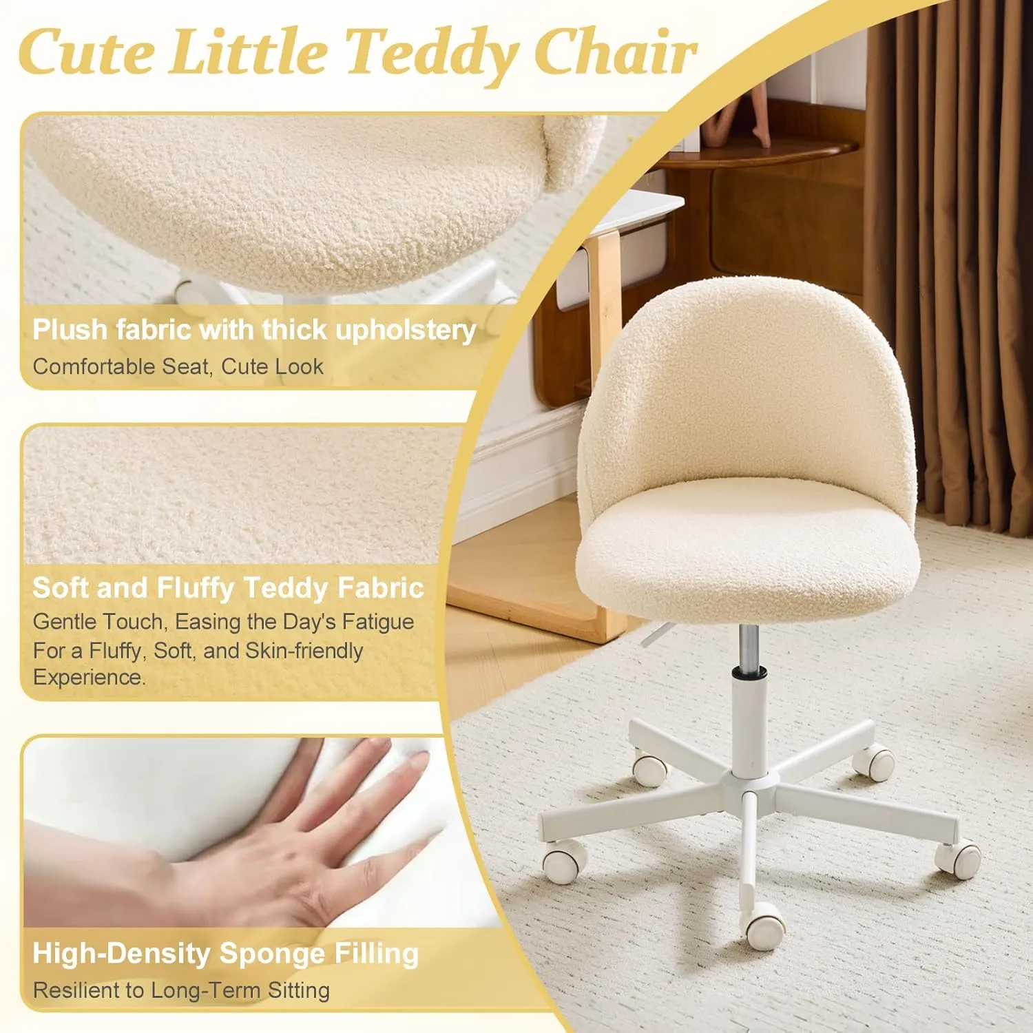 VINGLI Candy Chair Armless Cute Desk Chair,Comfy Small Office Chair with Wheels,Vanity Chair Lumbar Support,Teddy Adjustable Rolling Swivel Computer Task Chair for Home Office,Bedroom,Creamy Beige