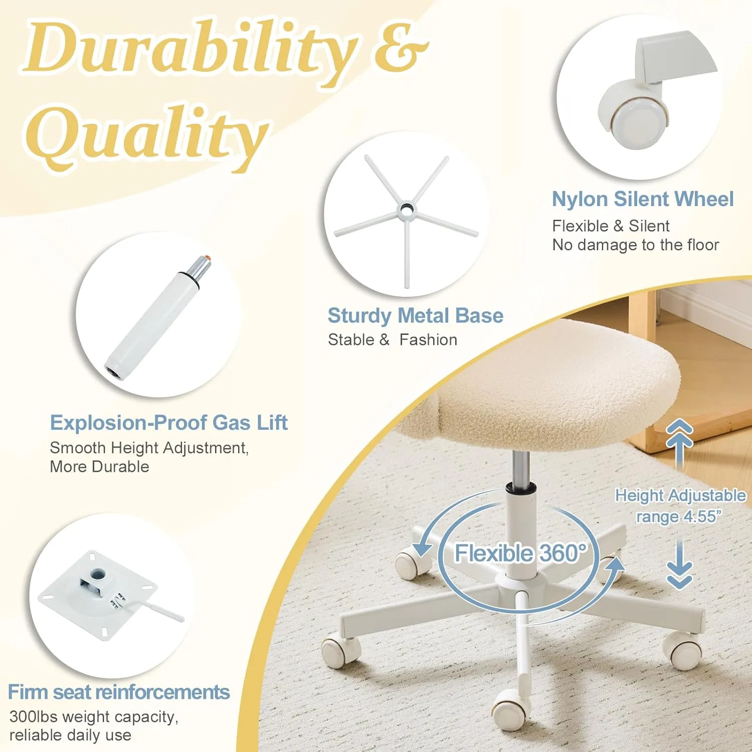 VINGLI Candy Chair Armless Cute Desk Chair,Comfy Small Office Chair with Wheels,Vanity Chair Lumbar Support,Teddy Adjustable Rolling Swivel Computer Task Chair for Home Office,Bedroom,Creamy Beige