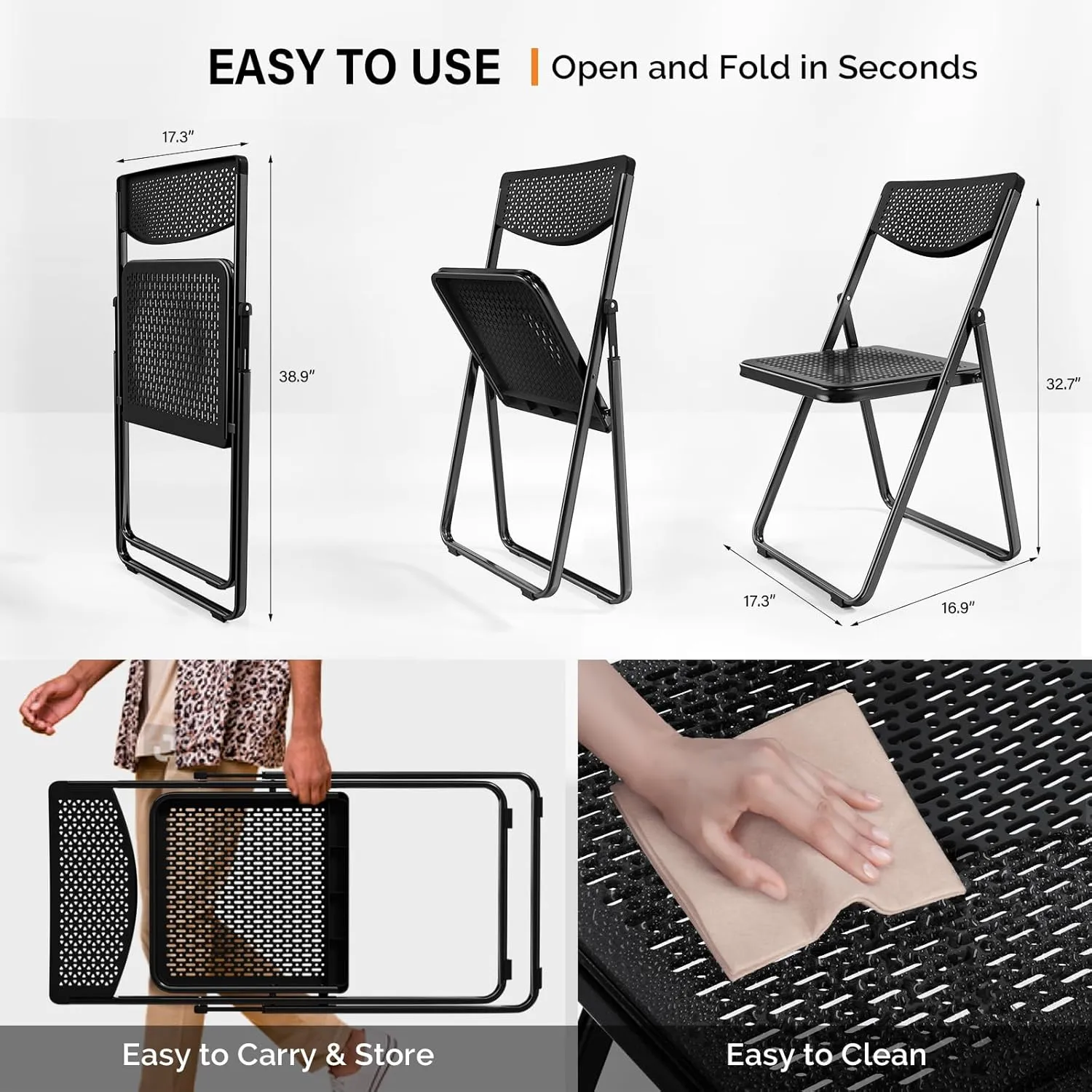 VINGLI Plastic Folding Chairs, Comfortable Foldable Chair with Breathable Mesh Seat and Sturdy Metal Frame 350lbs Capacity for Indoor and Outdoor Use, Party, Event, Office, Dining, Black, 6 Pack