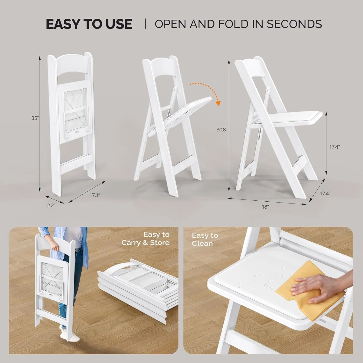 VINGLI Resin Folding Chairs with Cushion, Foldable Plastic Chair with Comfortable Padded Seats, Perfect for Event Party Indoor Outdoor, White, 2 PC