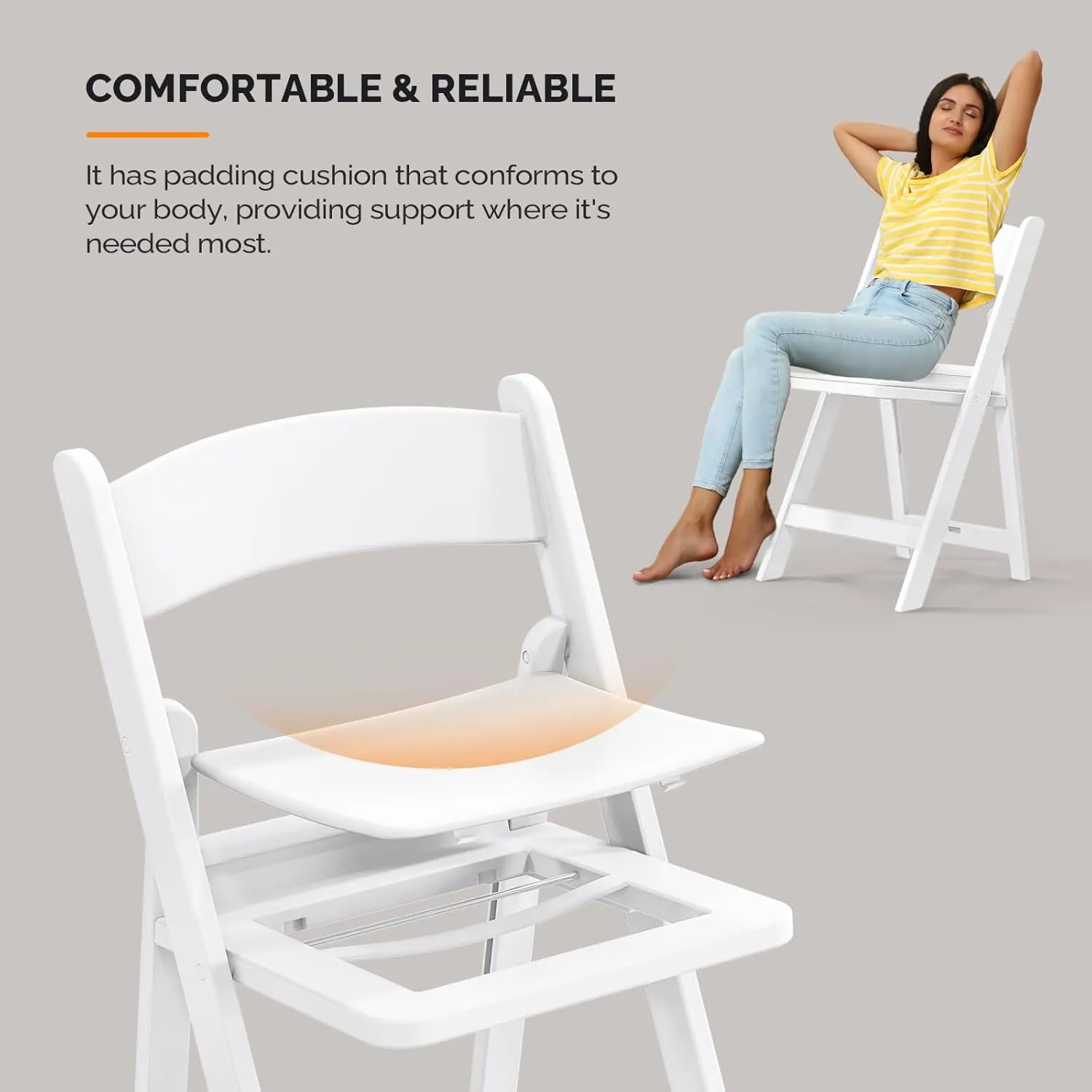VINGLI Resin Folding Chairs with Cushion, Foldable Plastic Chair with Comfortable Padded Seats, Perfect for Event Party Indoor Outdoor, White, 2 PC