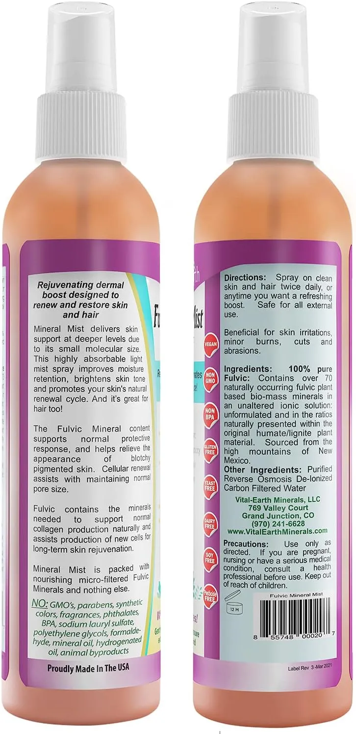 Vital Earth Fulvic Mineral Facial Mist, Travel-Friendly – Anti-Aging Face & Hair Spray for Cellular Renewal & Hydration, 3.4 Oz