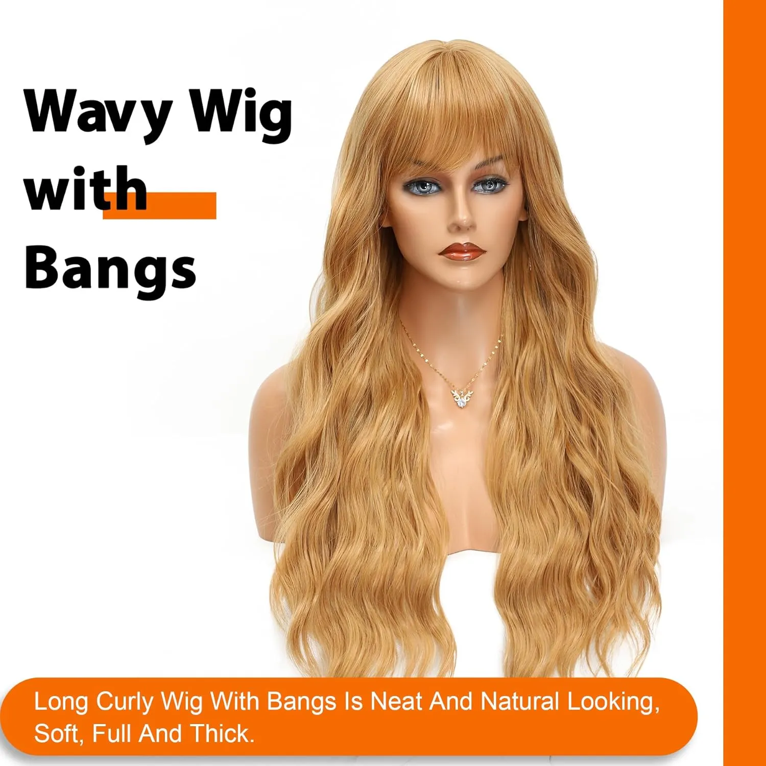 Vomella Honey Blonde Wig With Bangs 26 Inch Long Curly Wavy Synthetic Wig for Women