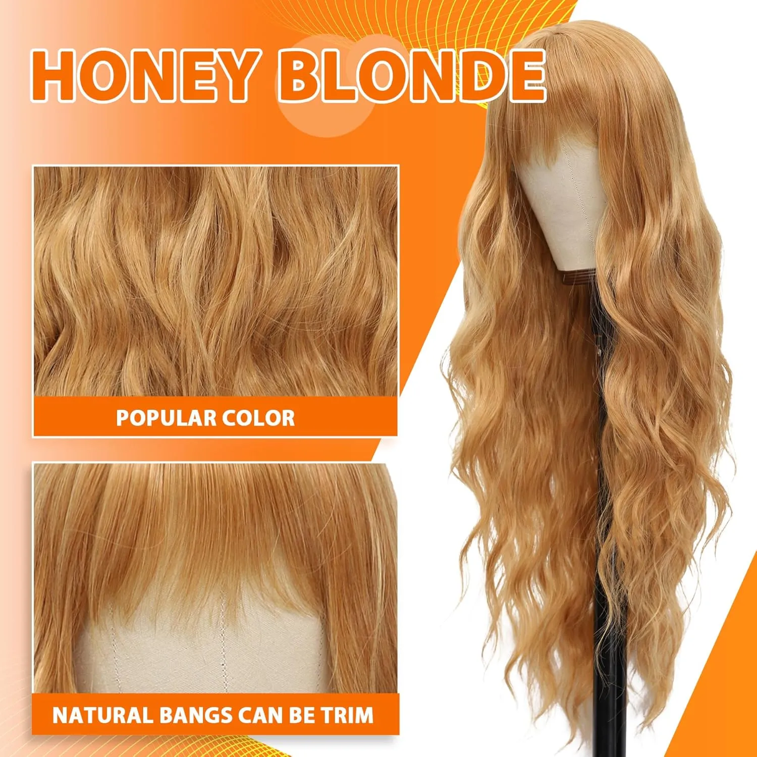 Vomella Honey Blonde Wig With Bangs 26 Inch Long Curly Wavy Synthetic Wig for Women