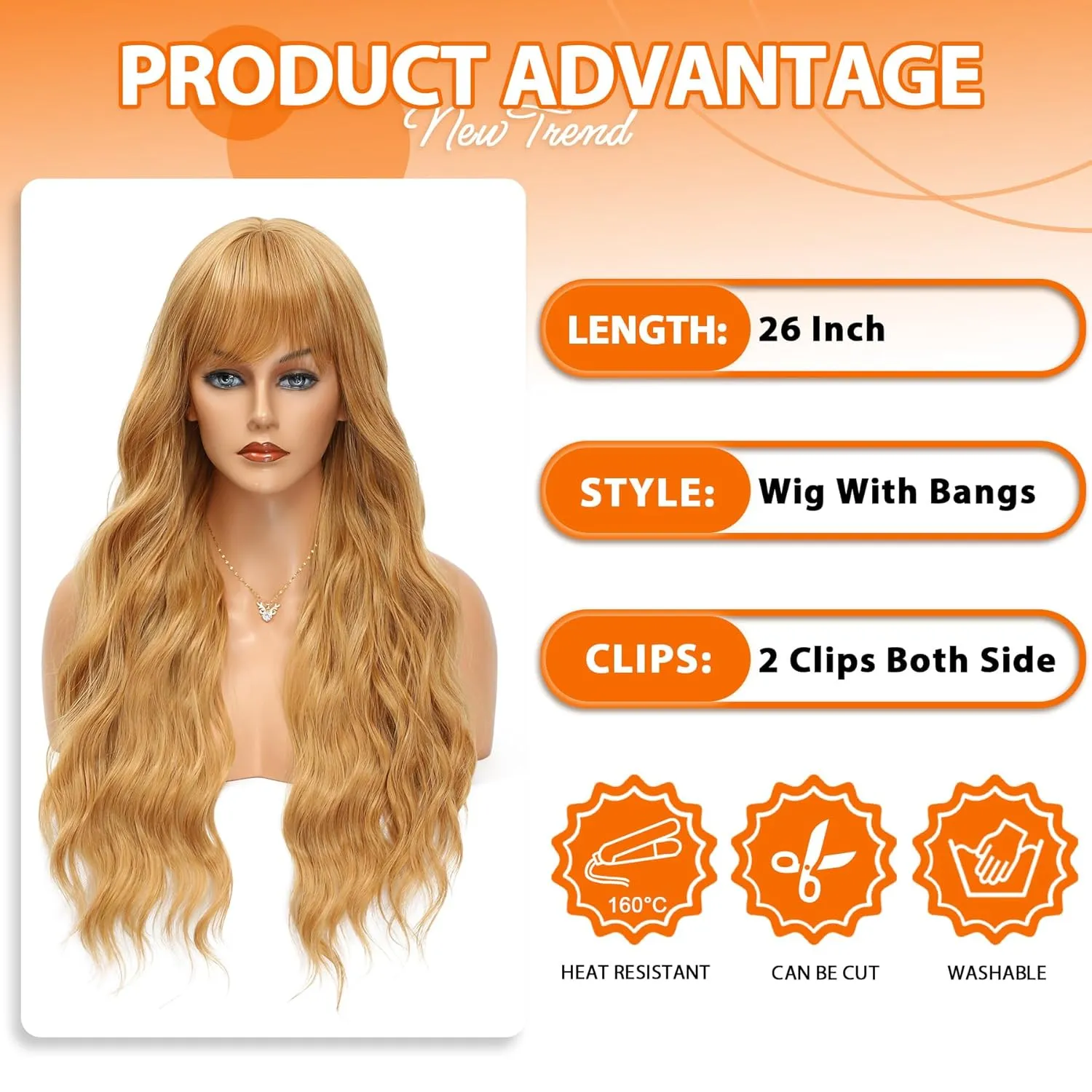 Vomella Honey Blonde Wig With Bangs 26 Inch Long Curly Wavy Synthetic Wig for Women