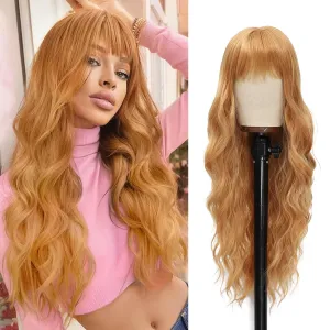 Vomella Honey Blonde Wig With Bangs 26 Inch Long Curly Wavy Synthetic Wig for Women